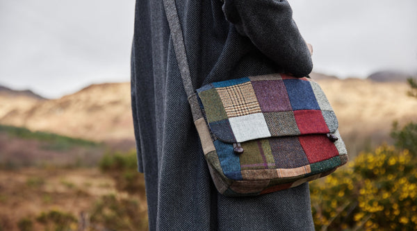 Satchel Bag Patchwork Tweed pictured in the Irish countryside