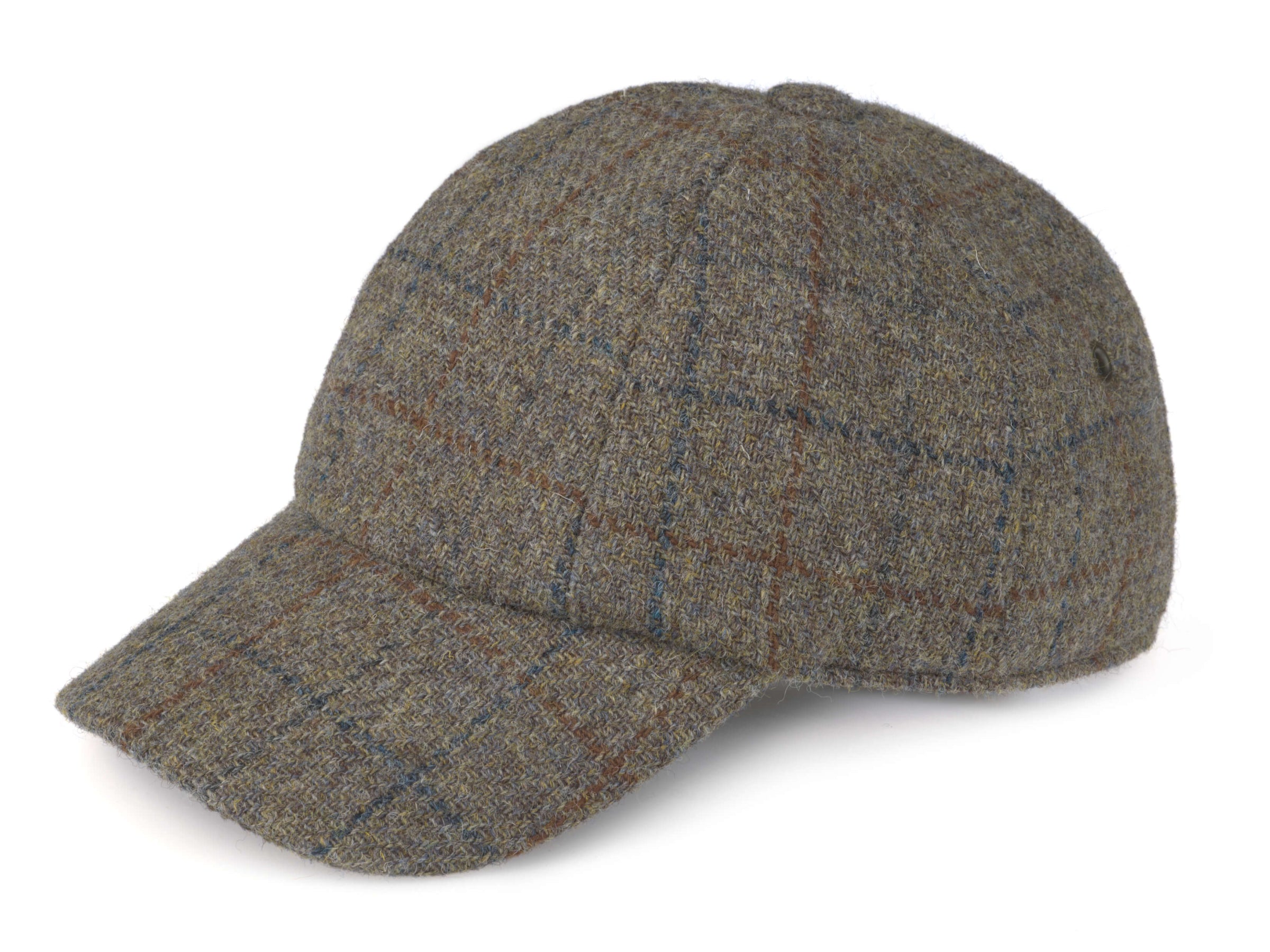 The Hanna Hats Baseball Cap Tweed features a grey-brown Harris tweed with a subtle blue and brown plaid pattern, shown on a white background.