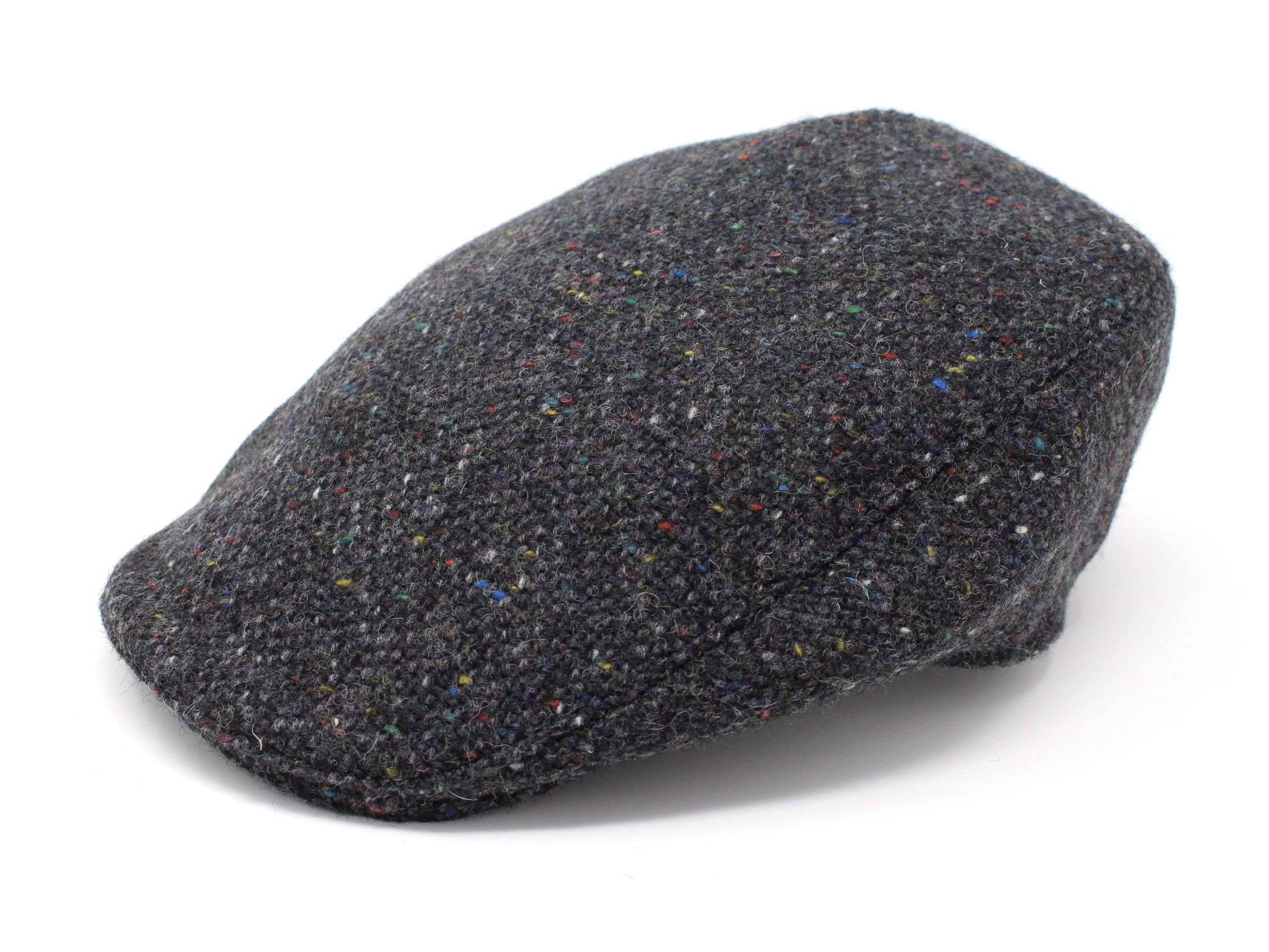 The Hanna Hats Donegal Touring Cap Tweed in dark grey features a tailored fit and colorful flecks, displayed against a white background.