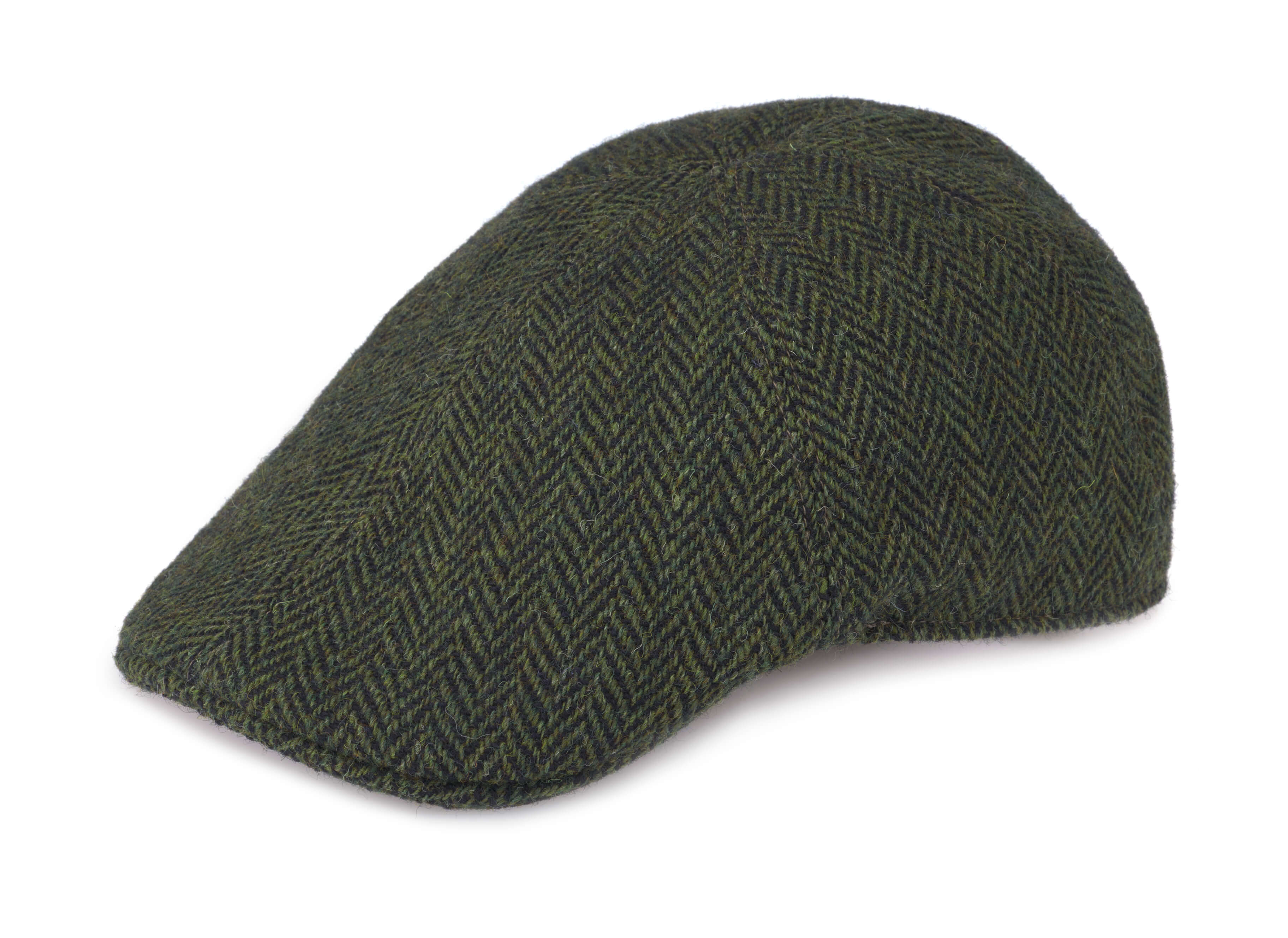 The Erin Cap Tweed by Hanna Hats is a green herringbone cap with a tailored fit, shown from the side against a white background, showcasing its traditional charm.