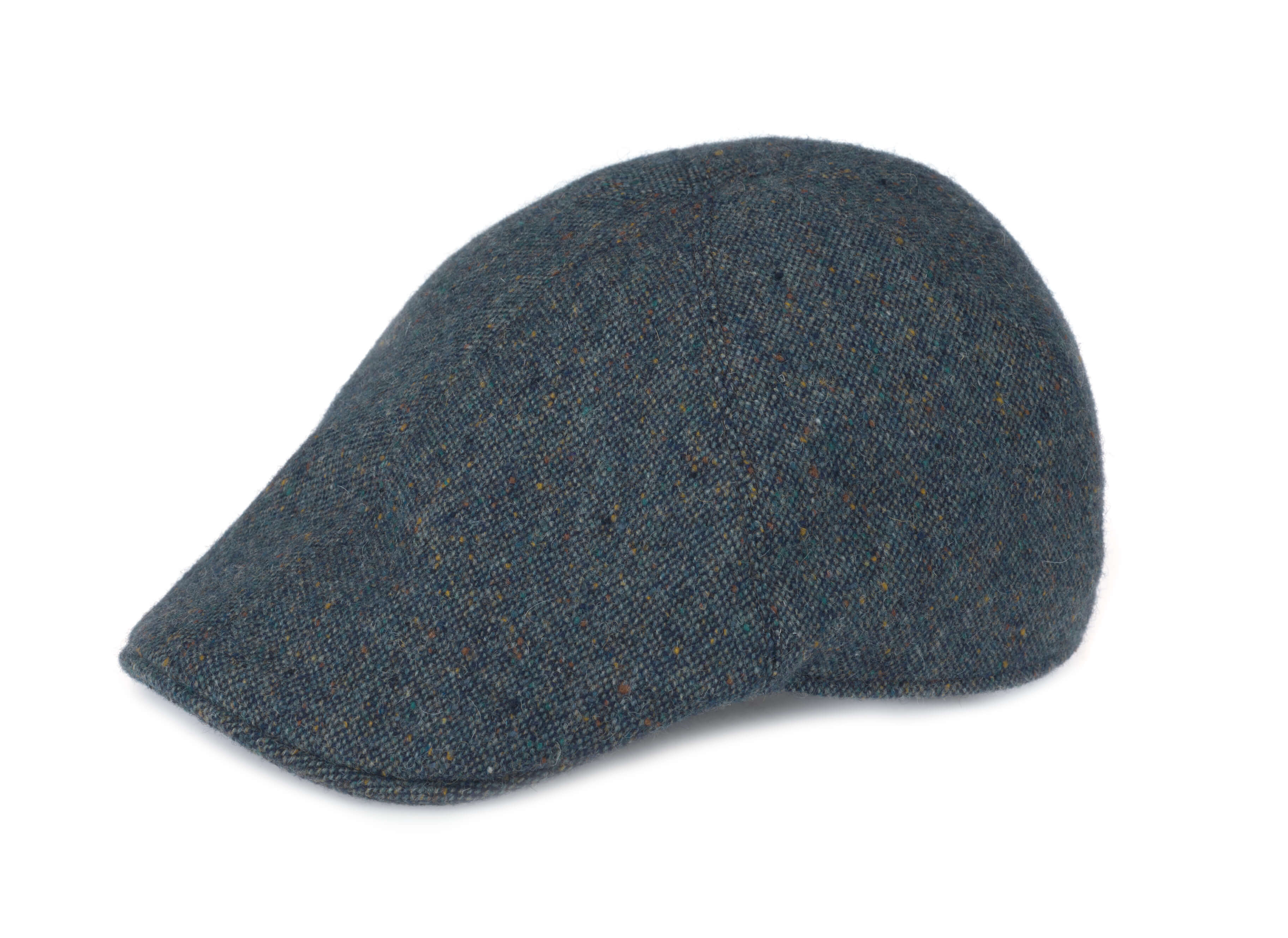 The Erin Cap Tweed by Hanna Hats features a blue tweed design with a short, curved brim and rounded crown, offering classic style and tailored fit. Displayed on a white background.