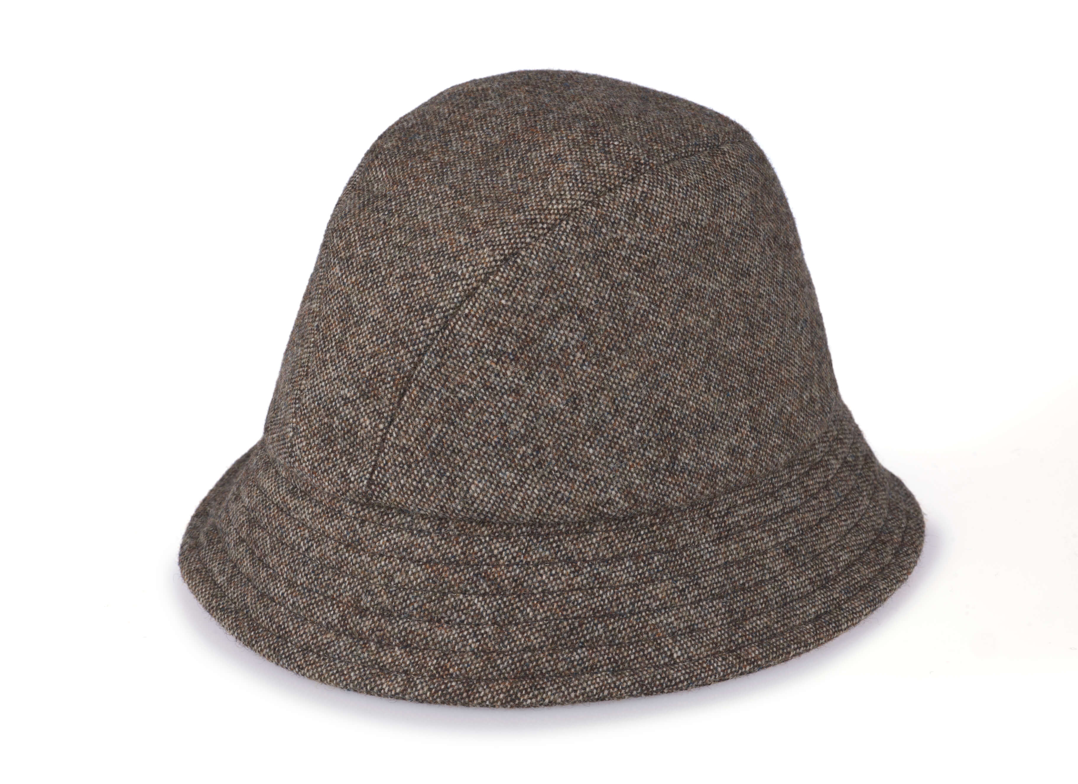 The Hanna Hats Eske Travel Hat Tweed is a brown tweed bucket hat with subtle stitching details, shown on a white background.