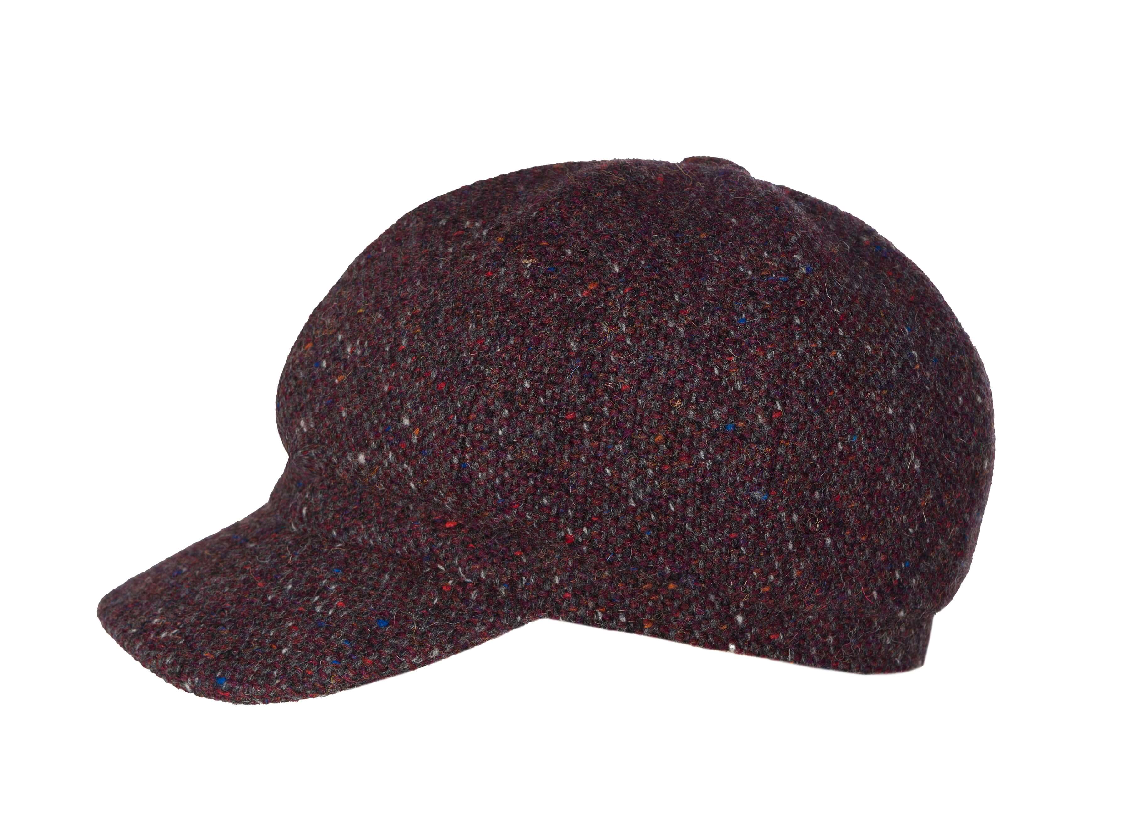 The Glenveagh Cap Tweed by Hanna Hats is a brown eight-panel tweed newsboy cap with a curved brim and textured fabric featuring colorful specks, shown on a white background for a touch of modern flair.