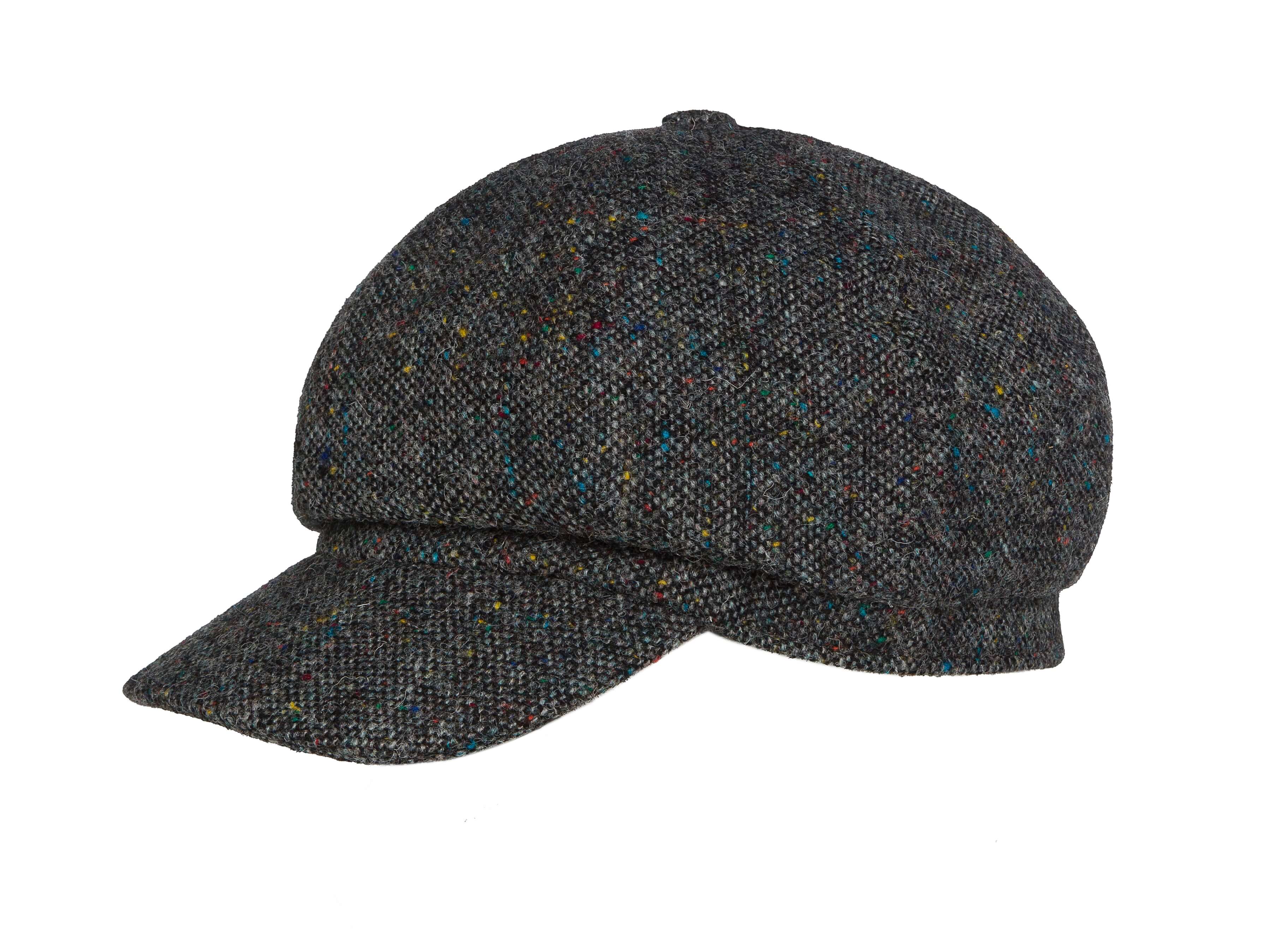 The Glenveagh Cap Tweed by Hanna Hats is a dark gray, textured tweed baseball cap with subtle multicolored flecks and a curved brim, inspired by the classic eight-piece newsboy cap. Shown on a plain white background.
