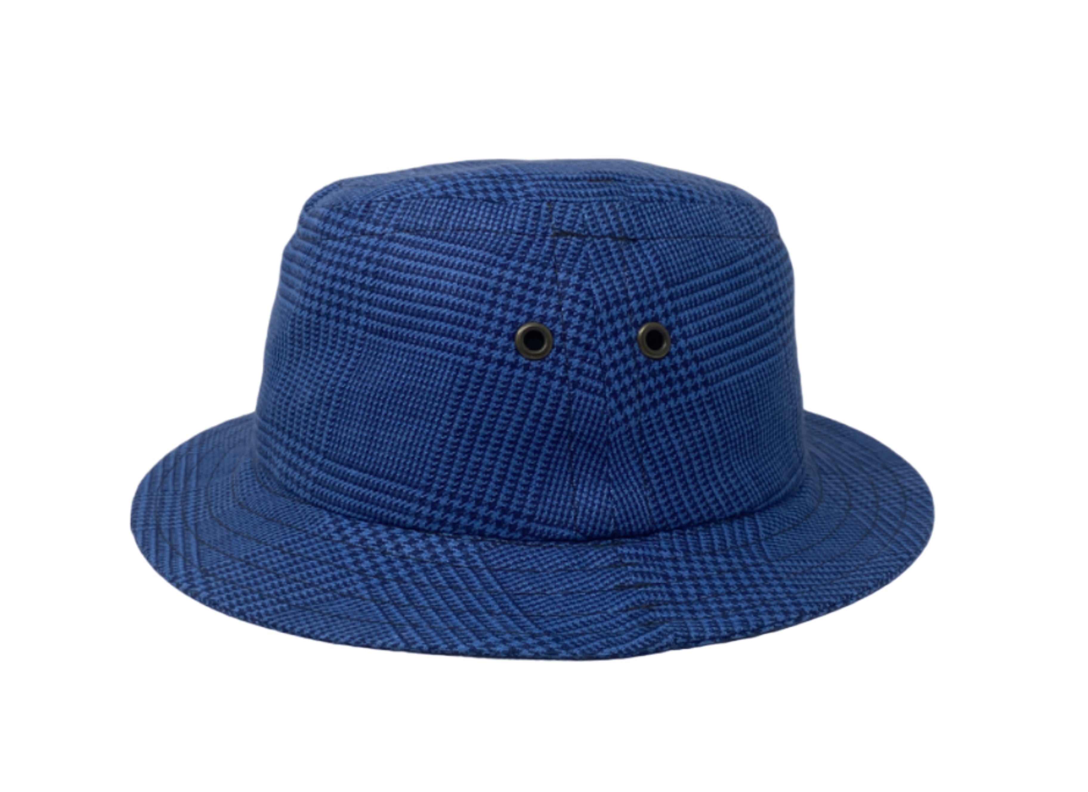 The Pork Pie Hat Linen by Hanna Hats of Donegal Ltd is a blue plaid-patterned, foldable bucket hat with two metal eyelets, crafted from Irish Linen and shown on a white background.