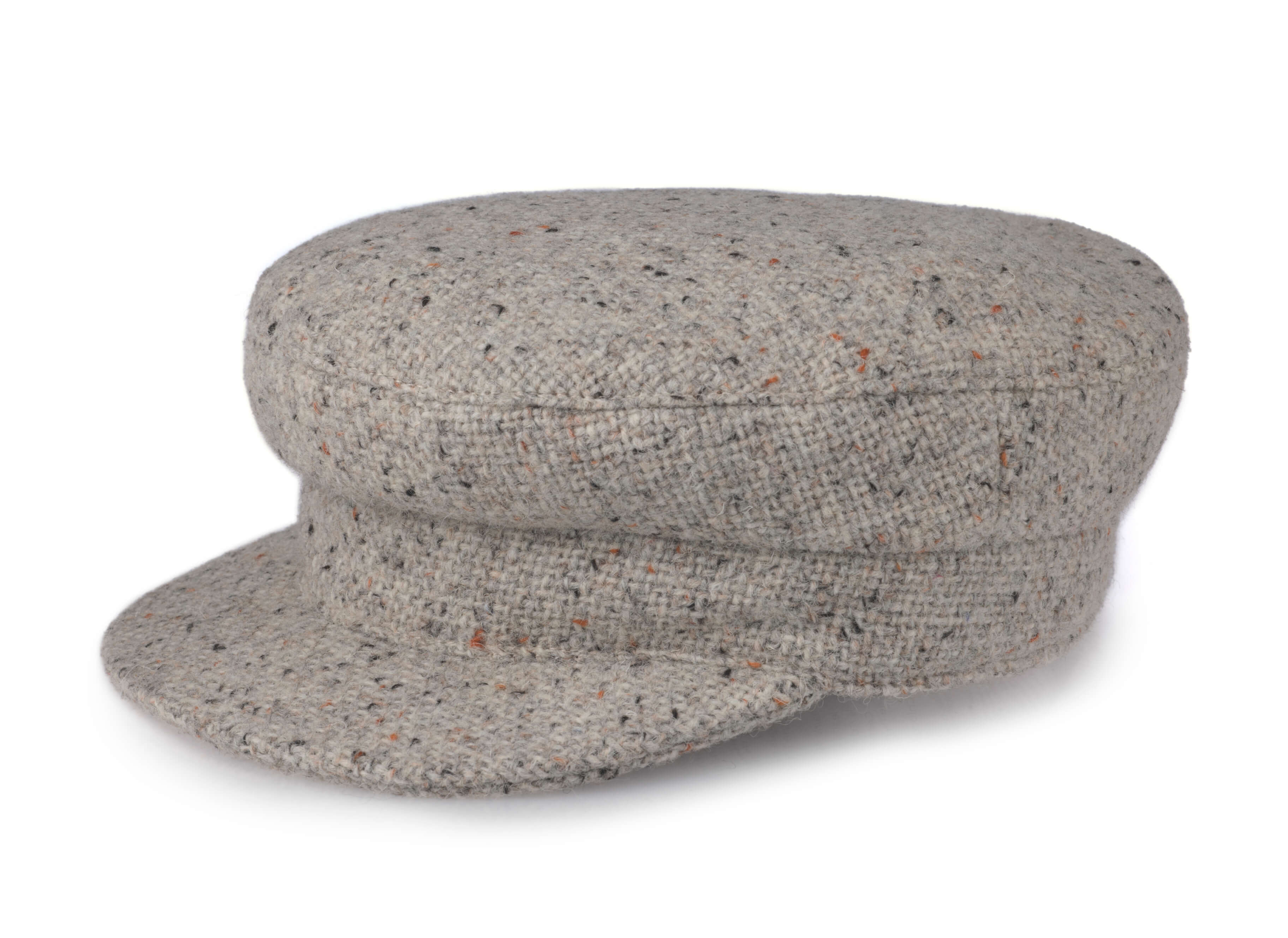 The Skipper Cap Tweed by Hanna Hats is a light grey Irish newsboy cap with a flat top, short stiff brim, and subtle dark speckles in the fabric, shown on a white background.