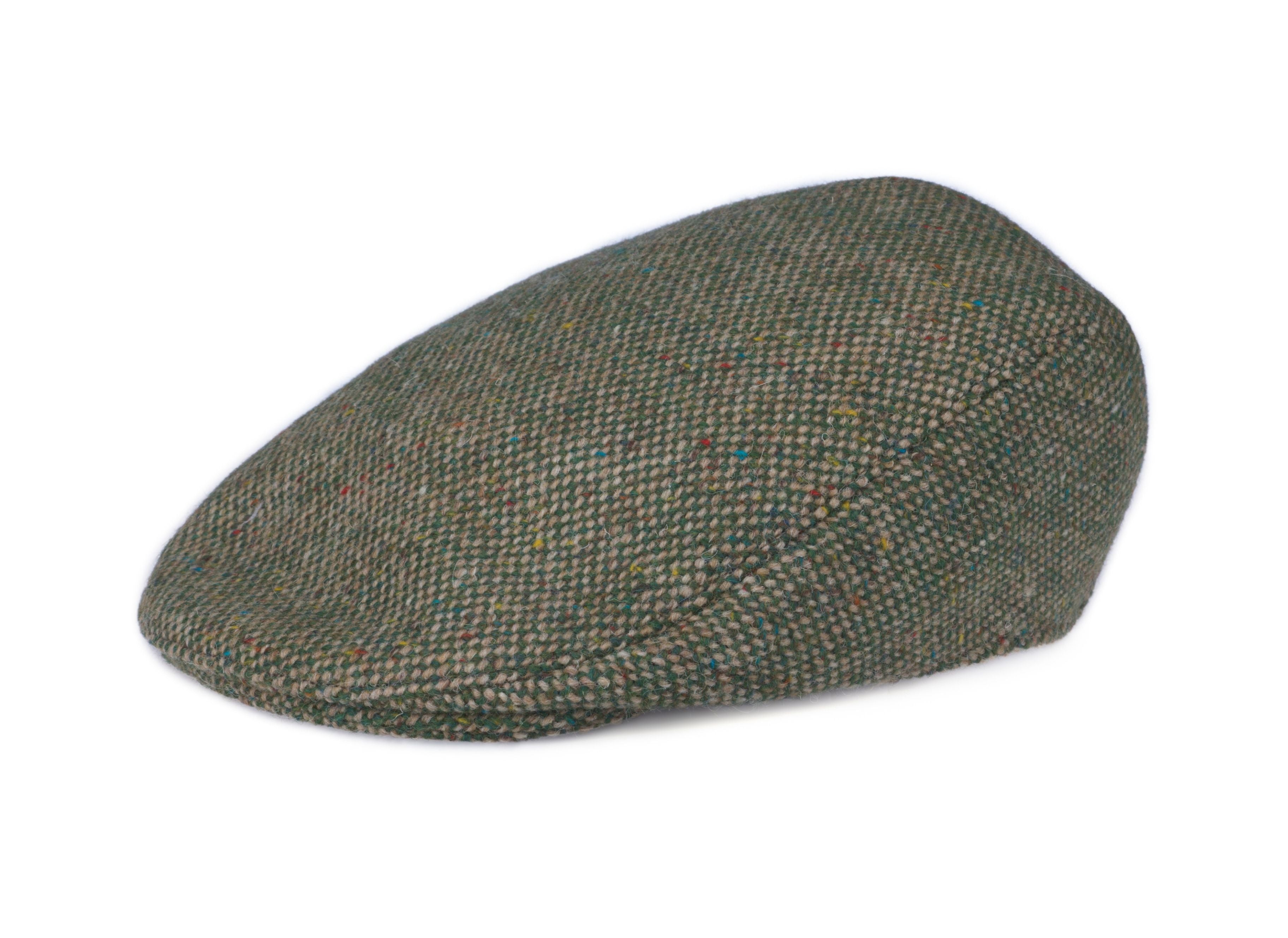 The HannaHats Tailor Cap Tweed is a green flat cap with a subtle checkered pattern and small colored specks, shown against a white background.