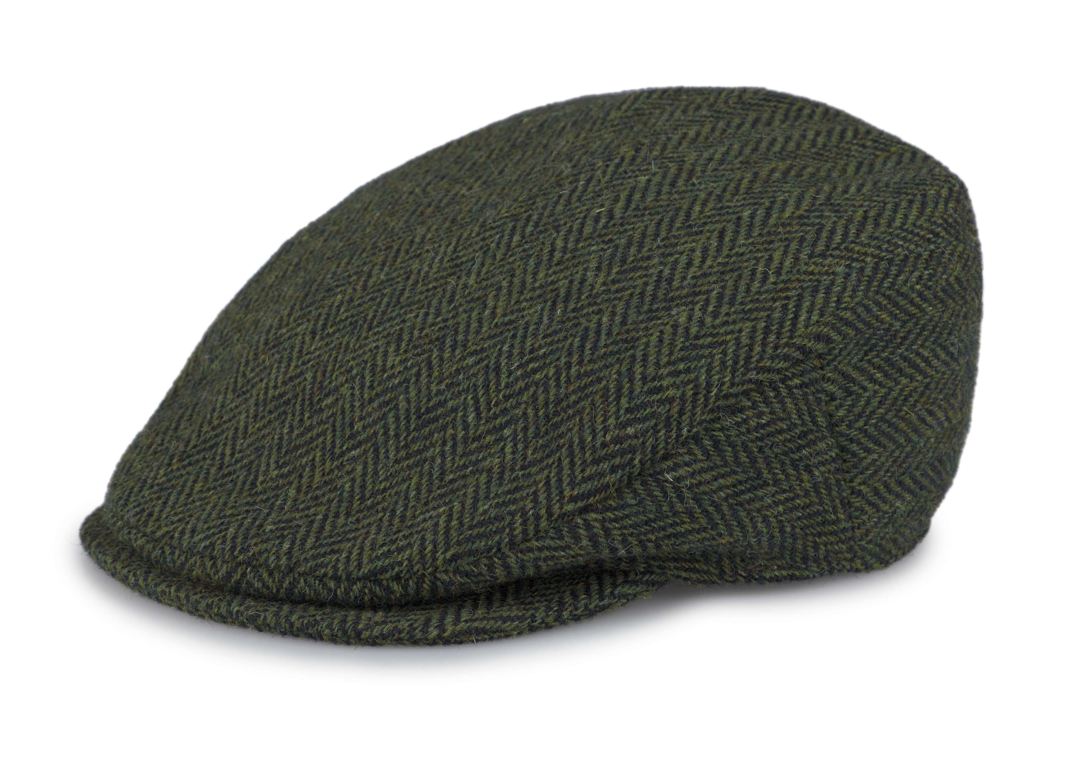 The Vintage Cap Tweed by Hanna Hats is a dark green herringbone flat cap with a textured fabric, short curved brim, and fitted rounded crown.