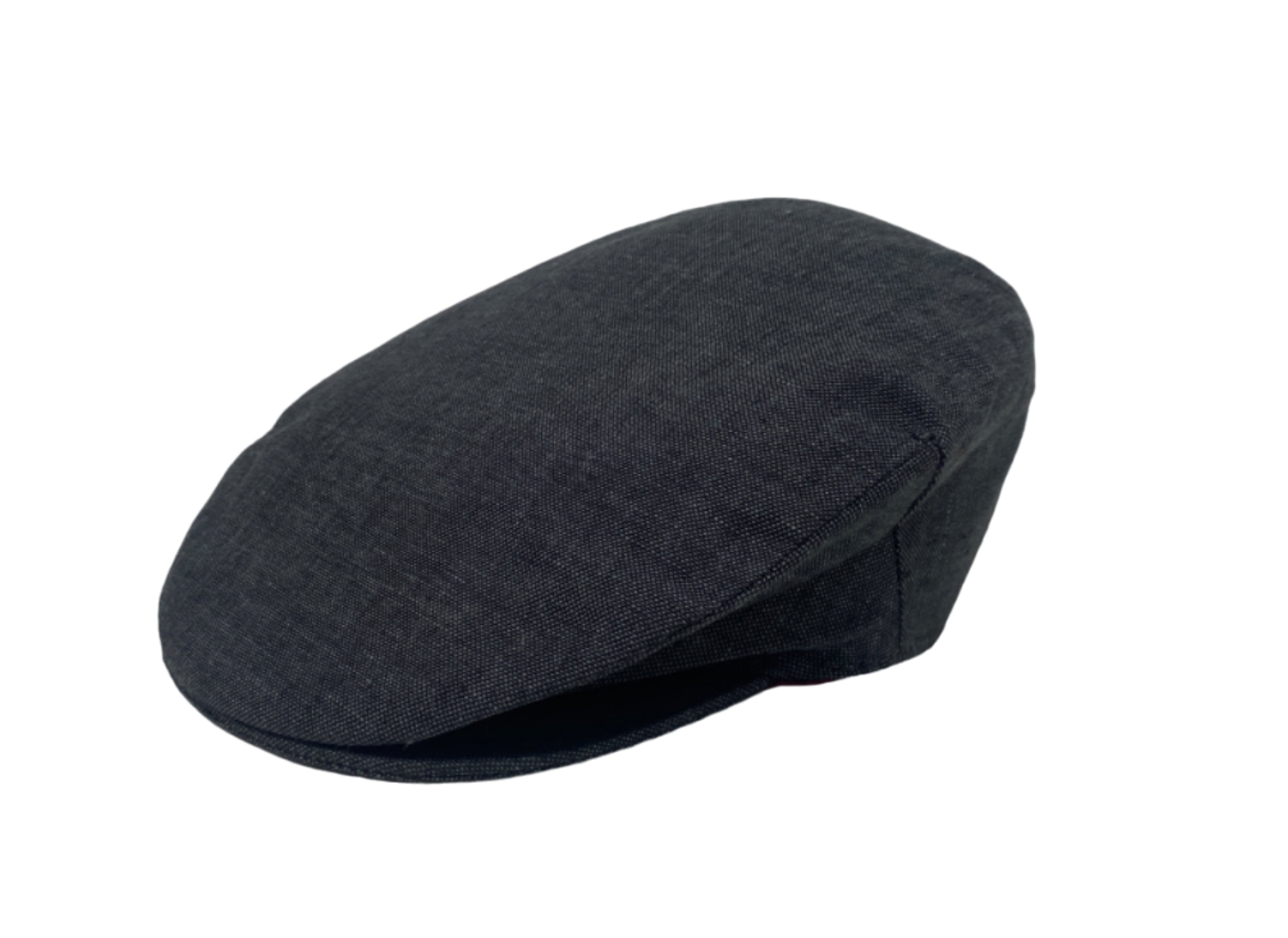 The Vintage Cap Linen by Hanna Hats, a dark gray classic flat cap crafted from textured linen, is shown against a white background.