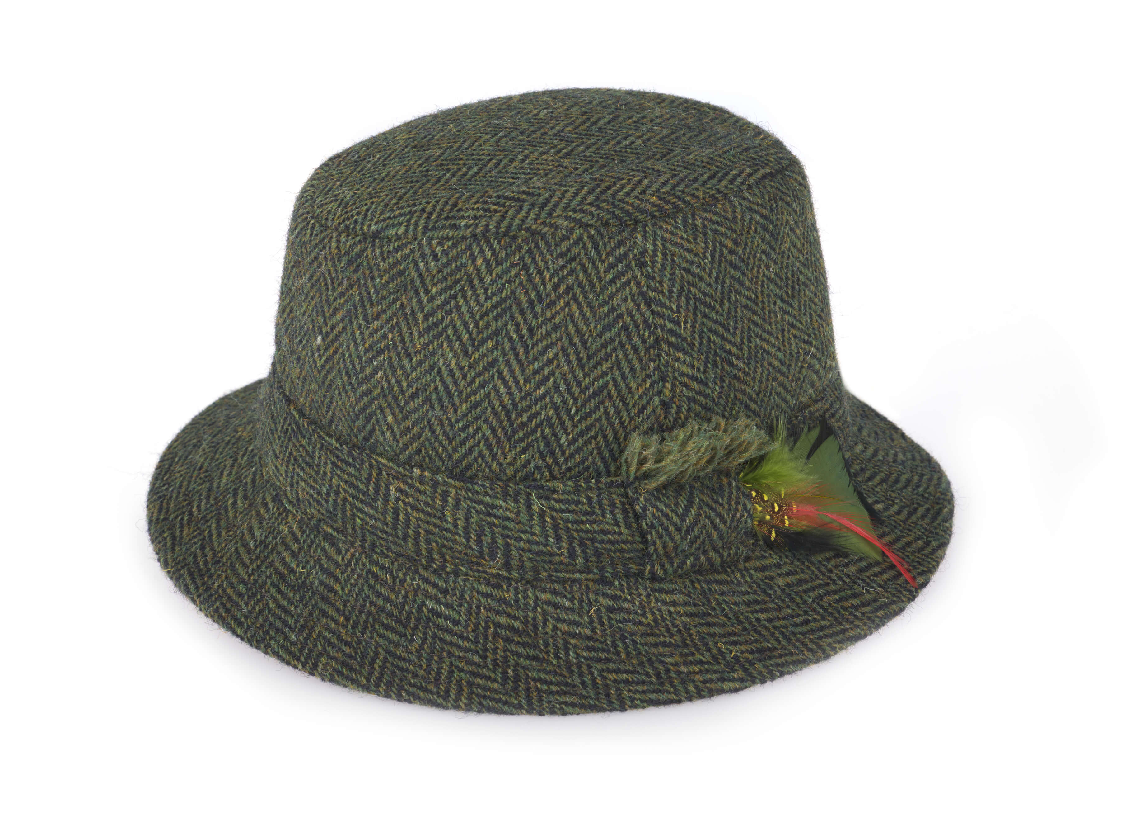 The Hanna Hats Walking Hat Tweed is a green and brown Irish tweed hat with a short brim, classic walking hat style, and a decorative feather in the hatband.