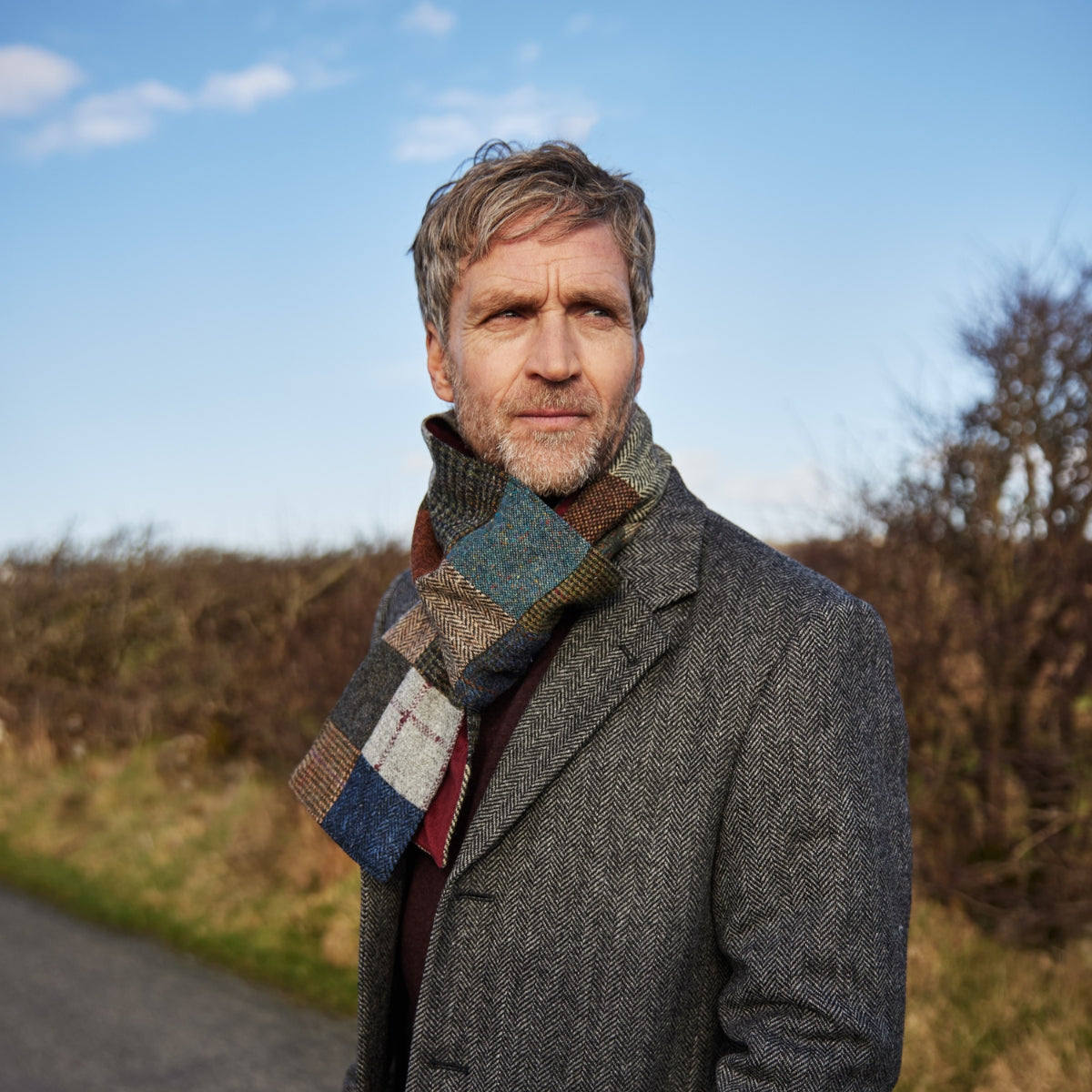 A middle-aged man with light hair and a beard stands outdoors, wearing a grey herringbone coat and a colorful plaid scarf. He looks into the distance with a thoughtful expression. Bushes and blue sky are in the background.