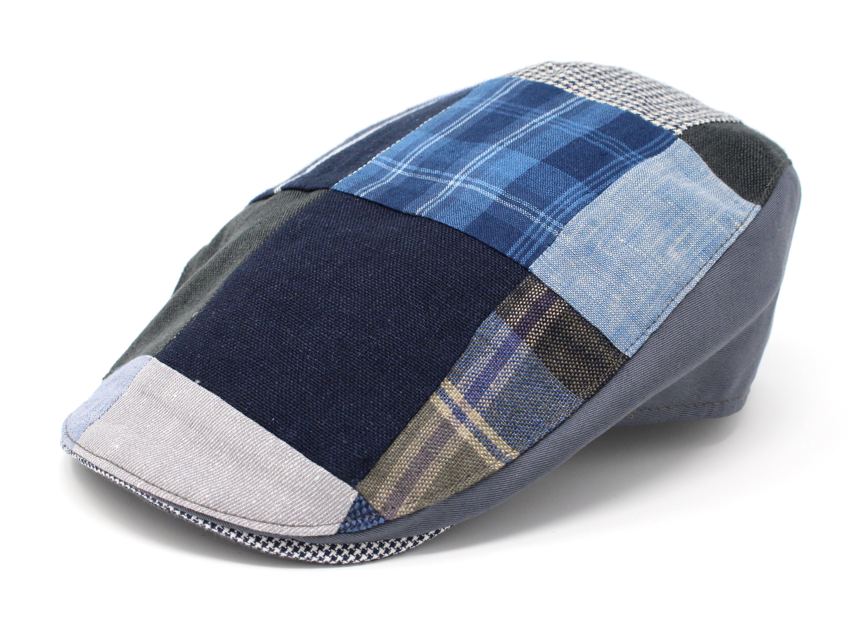 Hanna Hats Donegal Touring Cap Patchwork Grey Blue Linen