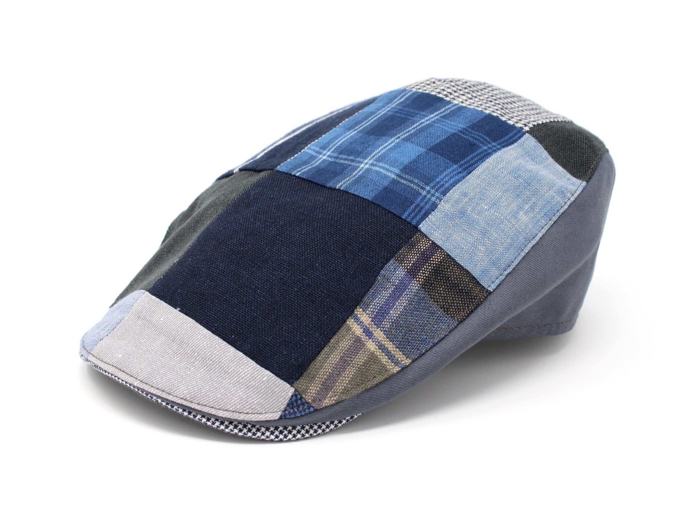 Hanna Hats Donegal Touring Cap Patchwork Grey Blue Linen