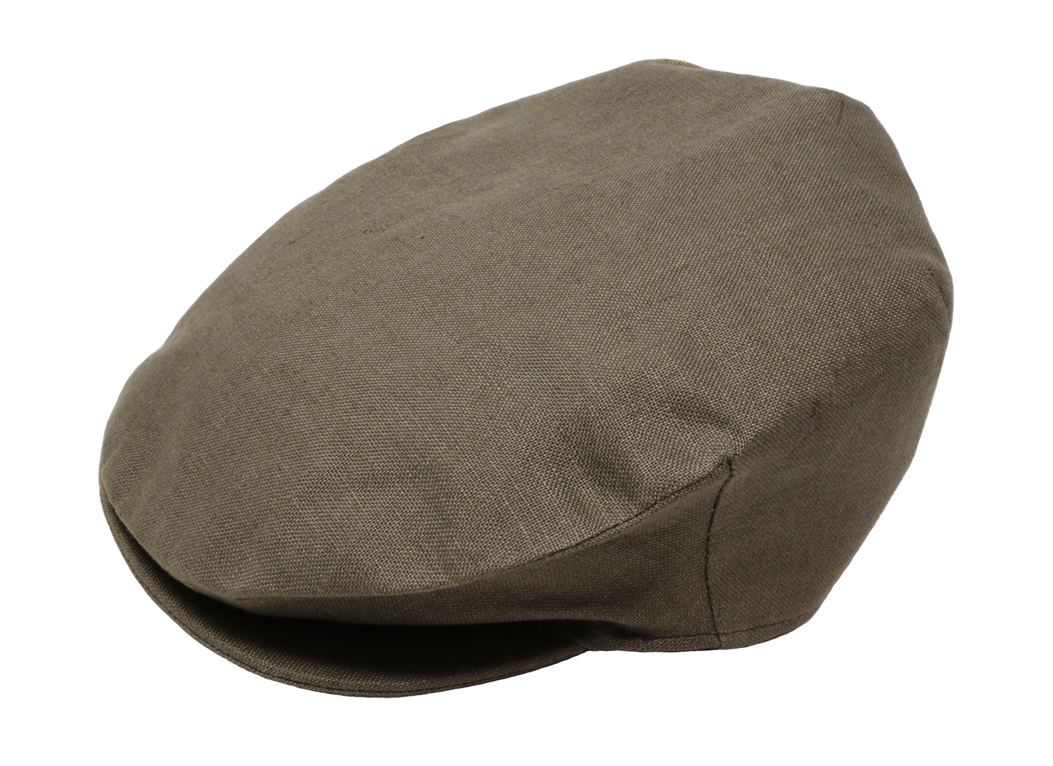 The Hanna Hats Vintage Cap Linen, a classic flat cap in plain olive green linen, is shown against a white background.