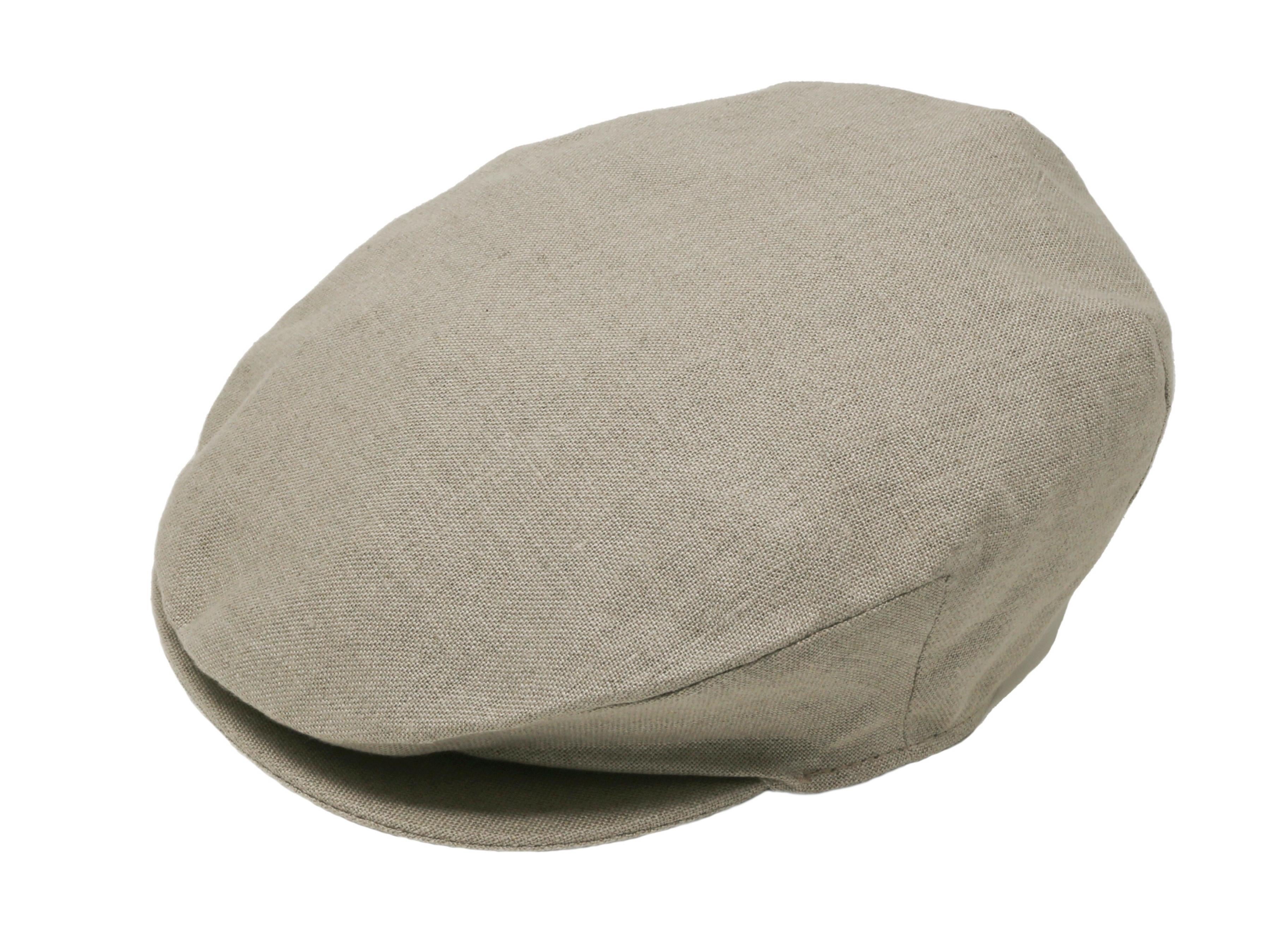 The Hanna Hats Vintage Cap Linen is a classic flat cap in beige textured fabric, displayed from a slightly angled side view against a white background.