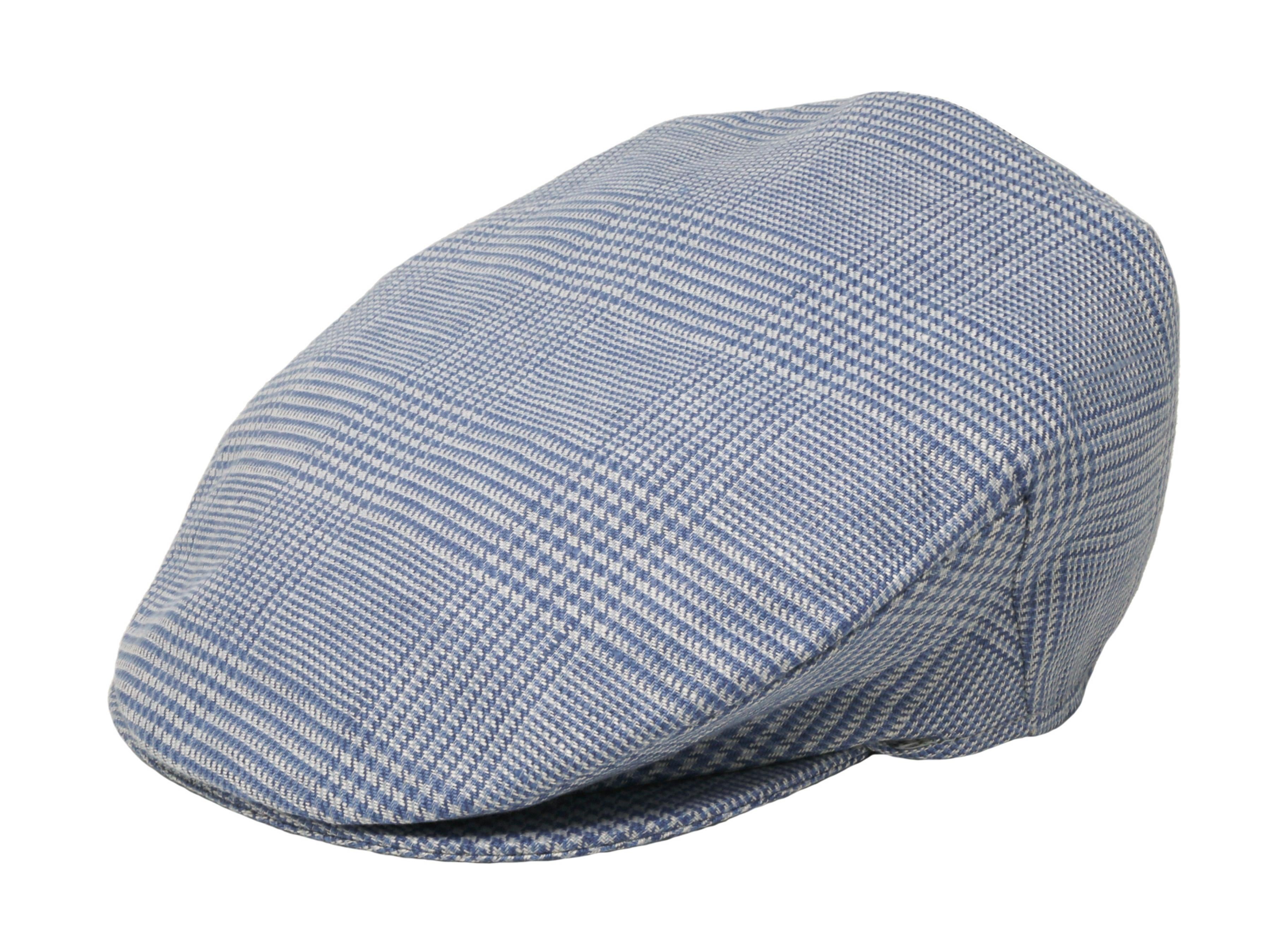 The Hanna Hats Vintage Cap Linen, a light blue and white plaid classic flat cap made of linen, is displayed from a side angle against a white background.