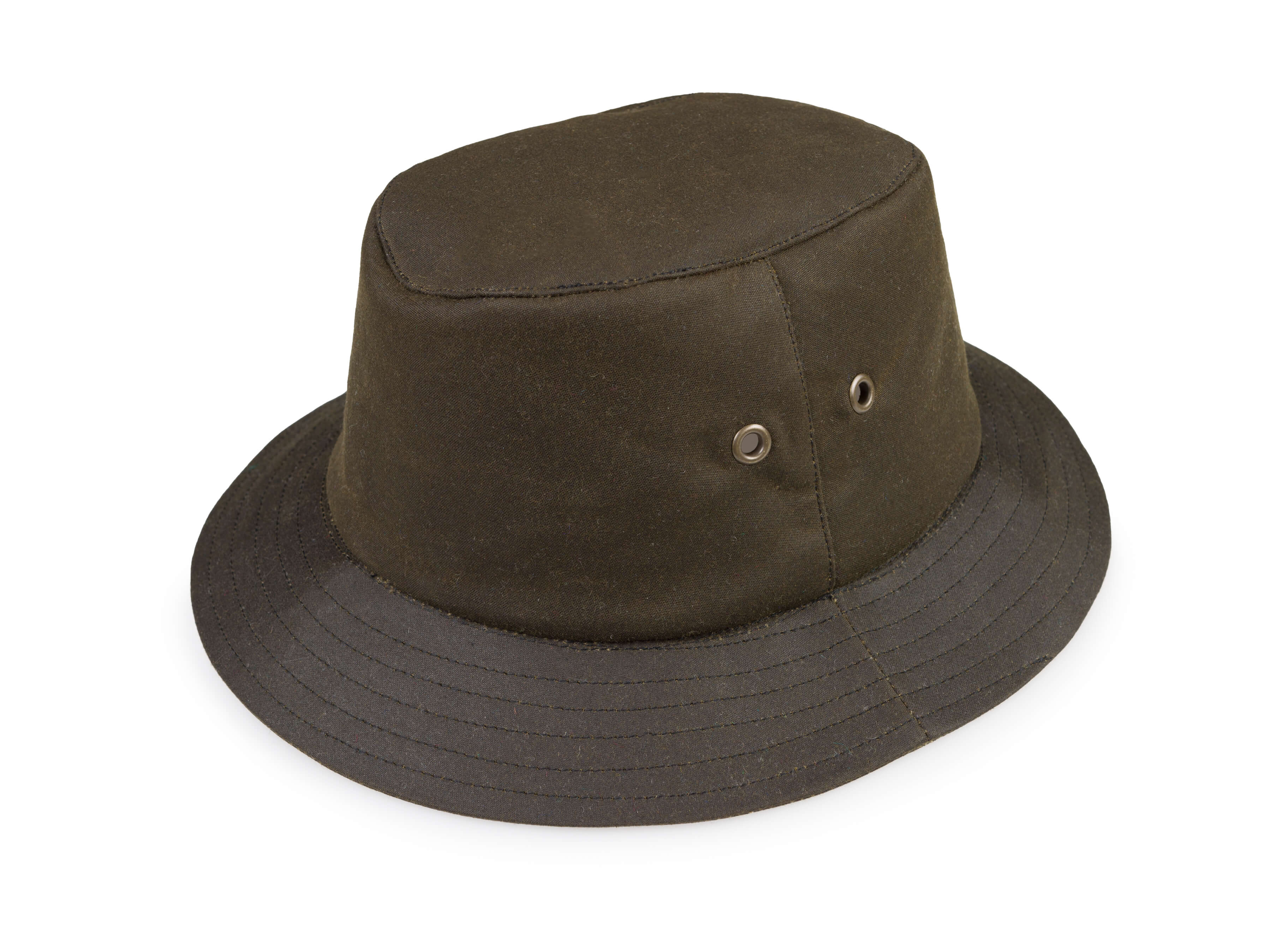 The Walking Hat Wax by Hanna Hats of Donegal Ltd is a dark brown, Irish cotton wax bucket hat with a wide downward brim and two metal ventilation eyelets, shown on a white background.