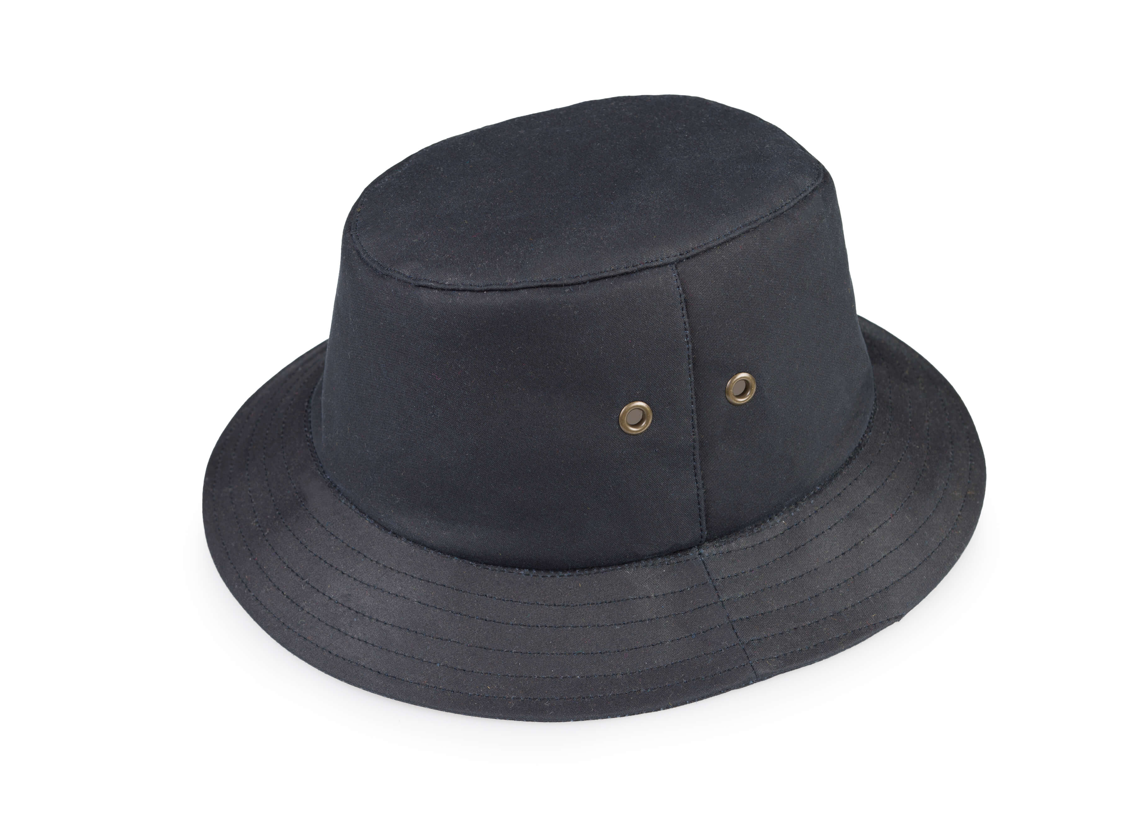 The Walking Hat Wax by Hanna Hats of Donegal Ltd is a black, wide-brim hat with two metal eyelets on the side, made from premium Irish cotton wax and shown on a white background.
