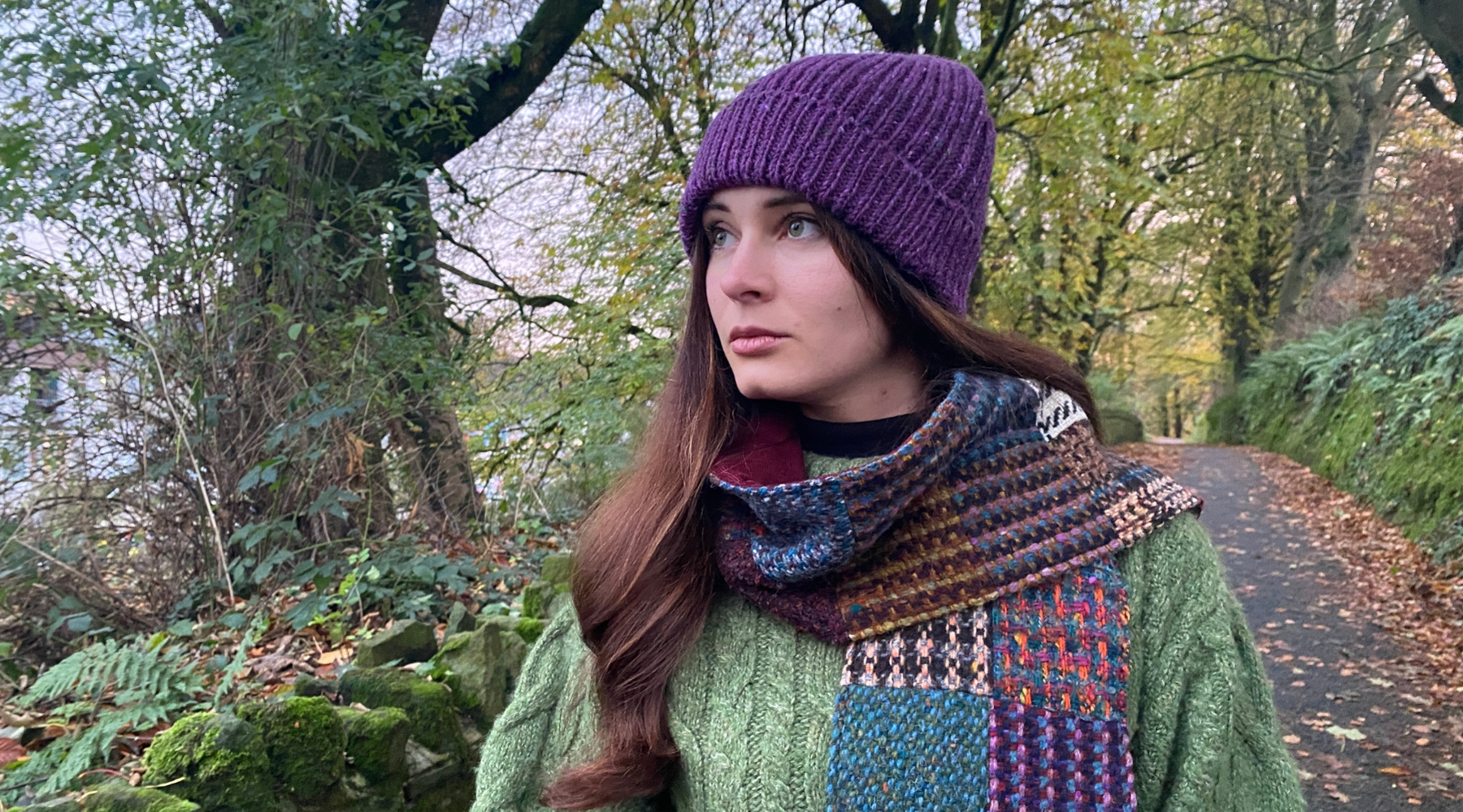 Anna wearing the Scarf Patchwork Tweed on Donegal Bank Walk