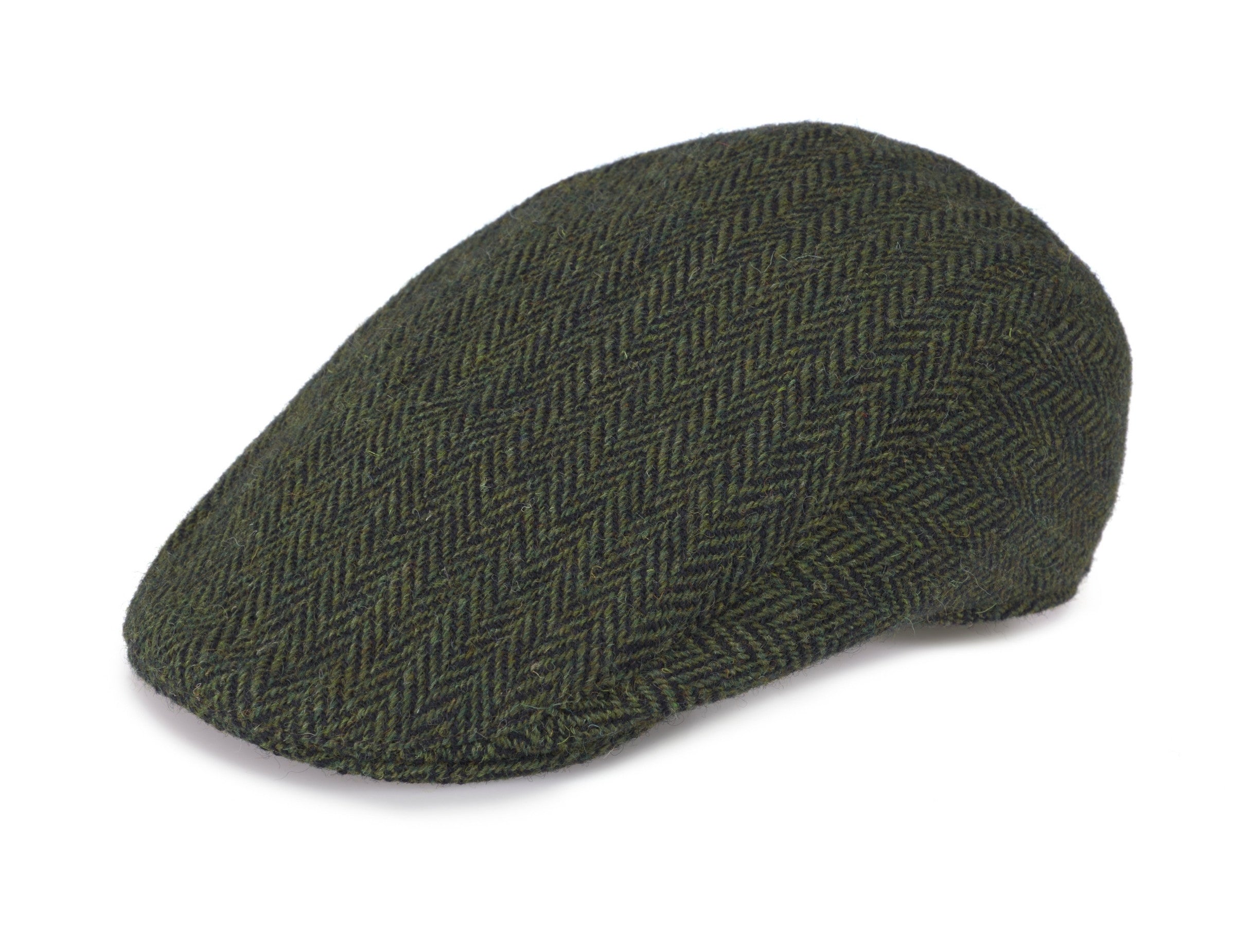 The Hanna Hats Donegal Touring Cap Tweed is a green herringbone cap with a tailored fit, made from textured fabric and displayed on a white background.