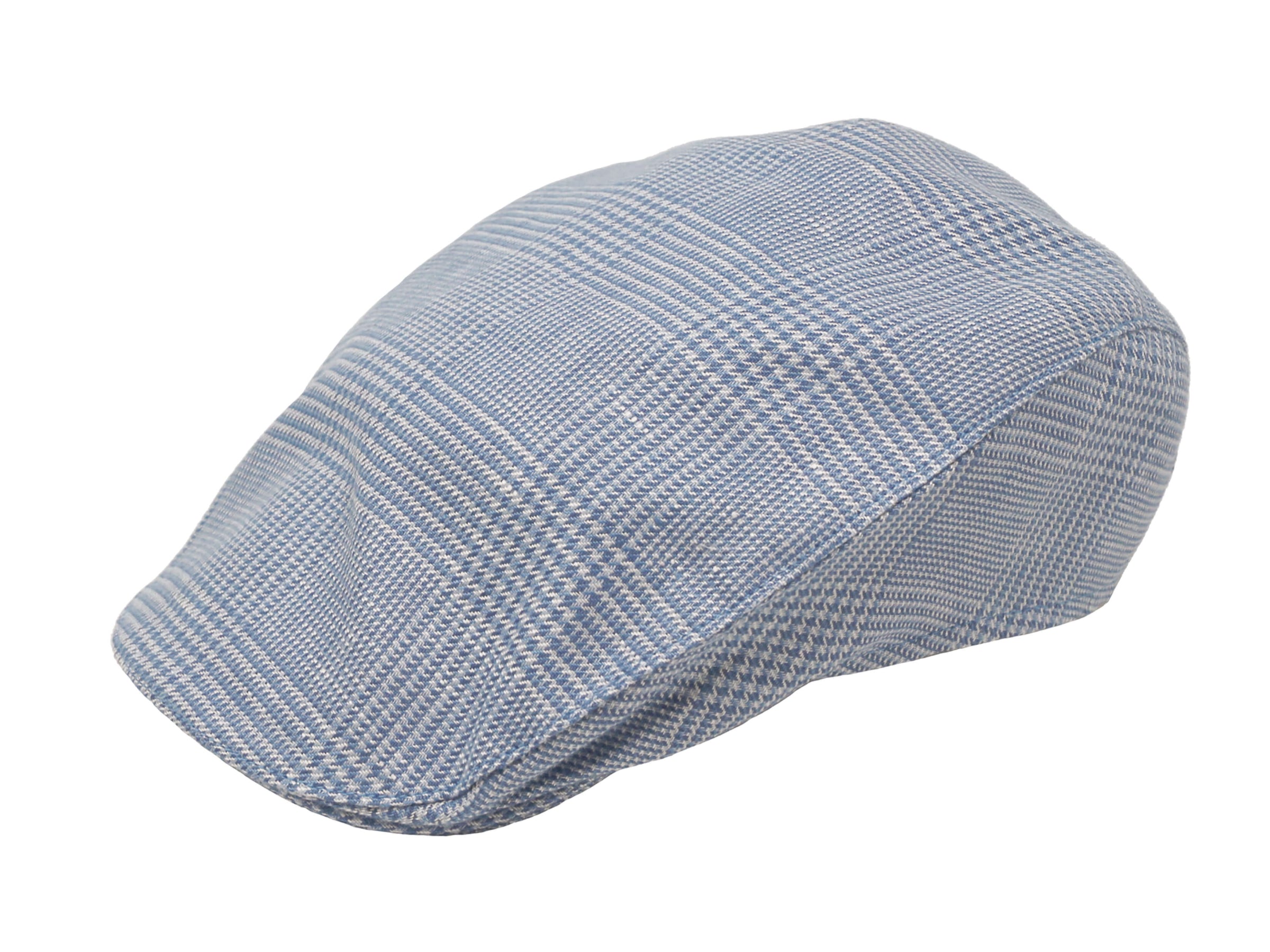 The Donegal Touring Cap Linen by Hanna Hats is shown in light blue and white plaid against a white background. This Irish Linen flat cap features a curved brim, tailored fit, and streamlined silhouette.
