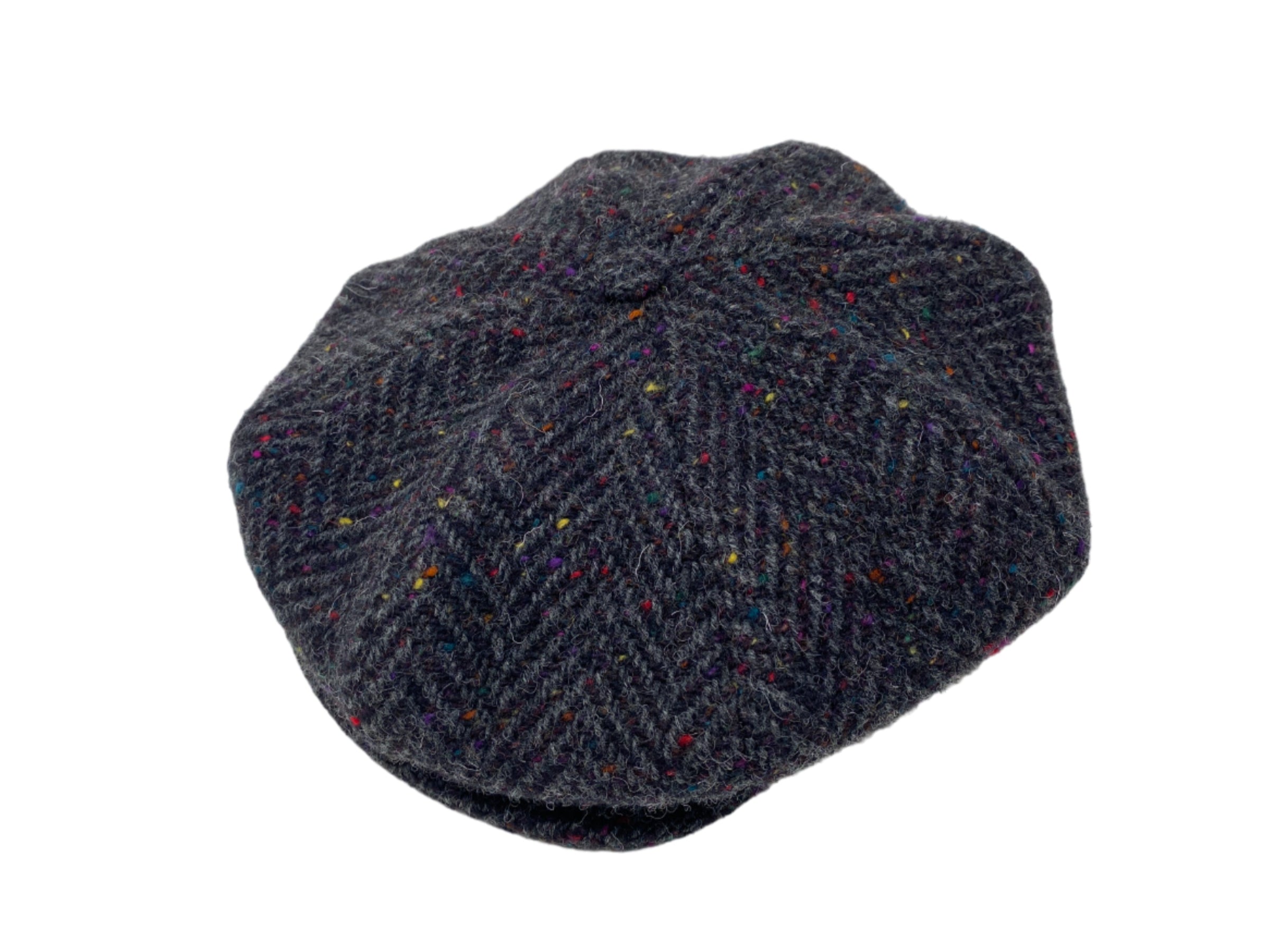 The Hanna Hats Eight Piece Cap Tweed, crafted in gray tweed with a herringbone pattern and colored flecks, from the Newsboy Collection, is shown against a plain white background.