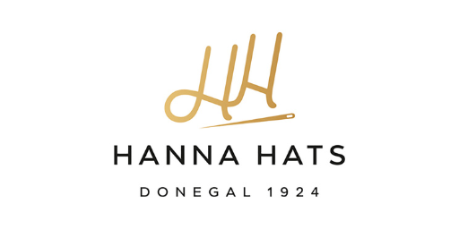 Hanna Hats logo with gold stylized "HH" above a sewing needle, and black text reading "HANNA HATS" and "DONEGAL 1924" below.