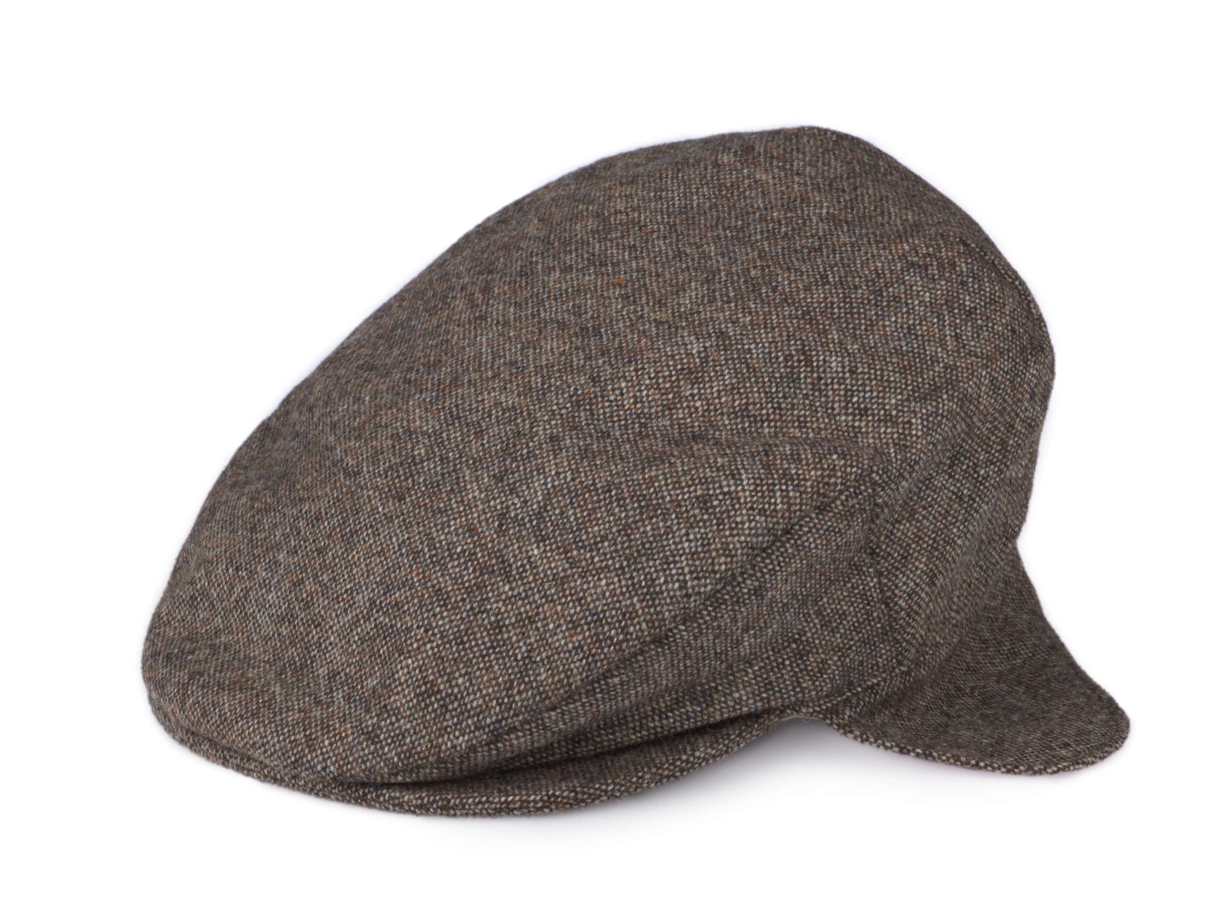 The Hanna Hats Vintage Cap Ear Flap Tweed is displayed on a white background at an angle, showing both its top and brim. This classic brown tweed cap adds vintage style and charm to any outfit.