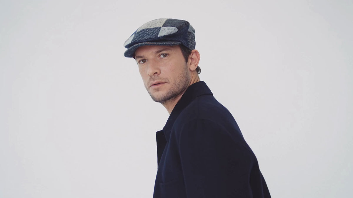 Vintage Cap Tweed Grey Blue Patchwork Tweed