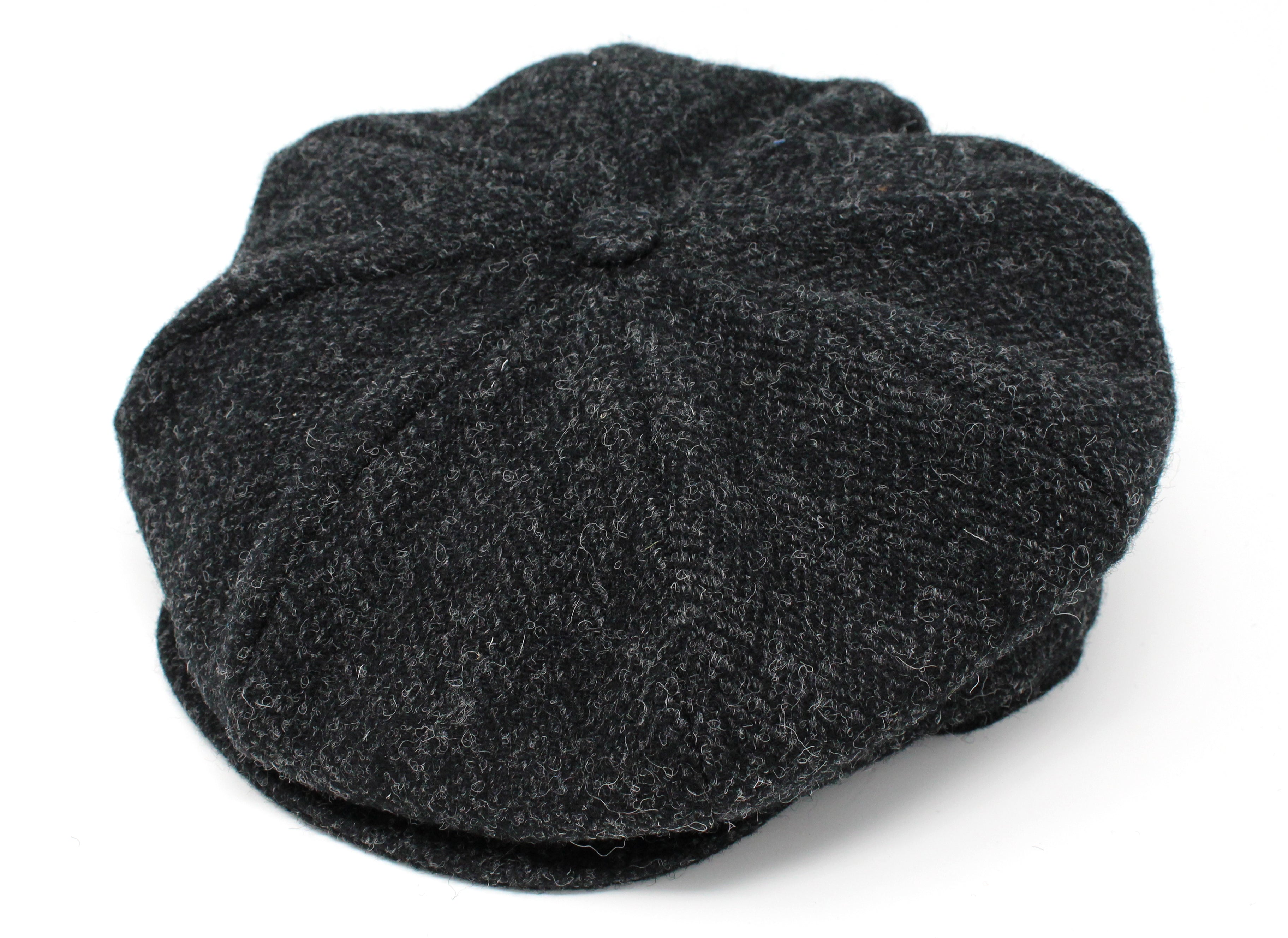 Hanna Hats Eight Piece Cap Tweed Black & Charcoal Herringbone Harris Scottish Tweed