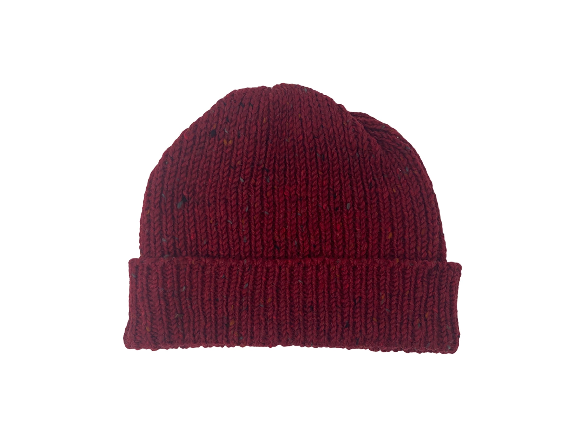 The Donegal Beanies by Hanna Hats of Donegal Ltd is a maroon, pure wool knit hat with a folded brim, hand-loomed and shown against a plain white background.
