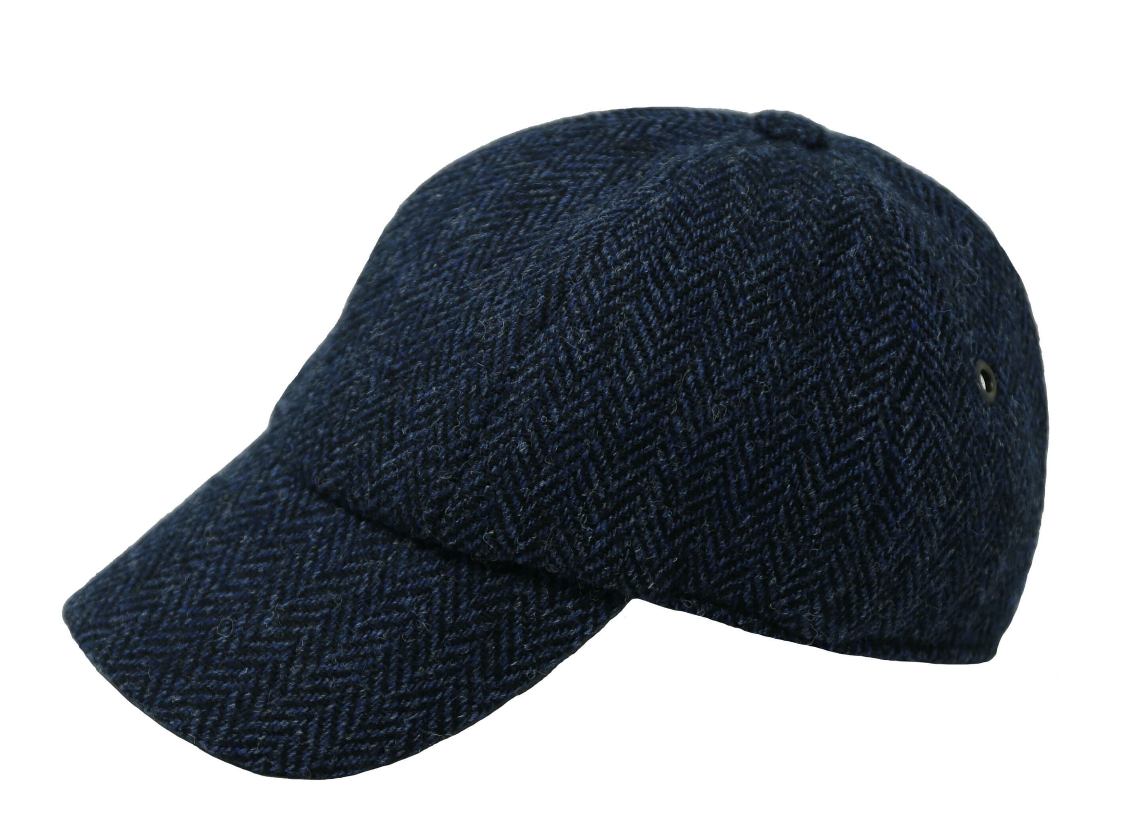 Baseball Cap Tweed Harris Scottish Tweed - Classic Blue & Black Herringbone side view