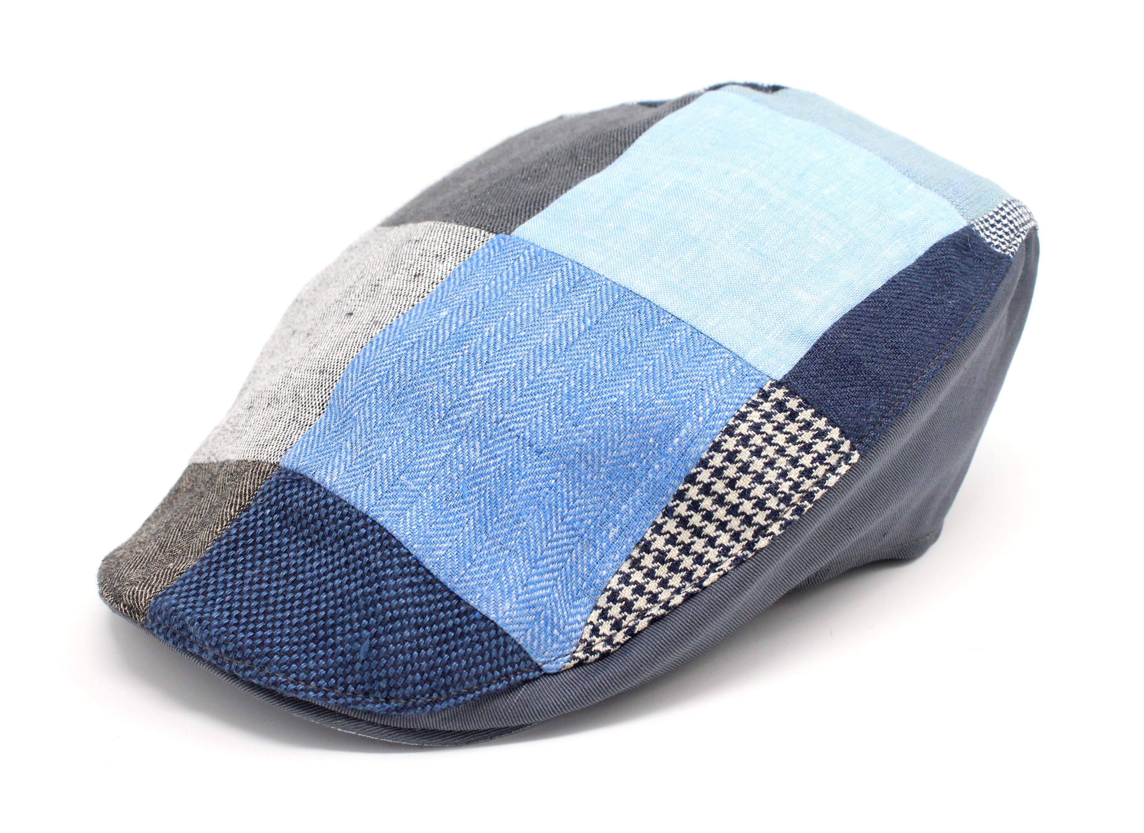 Hanna Hats Donegal Touring Cap Patchwork Grey Blue Linen