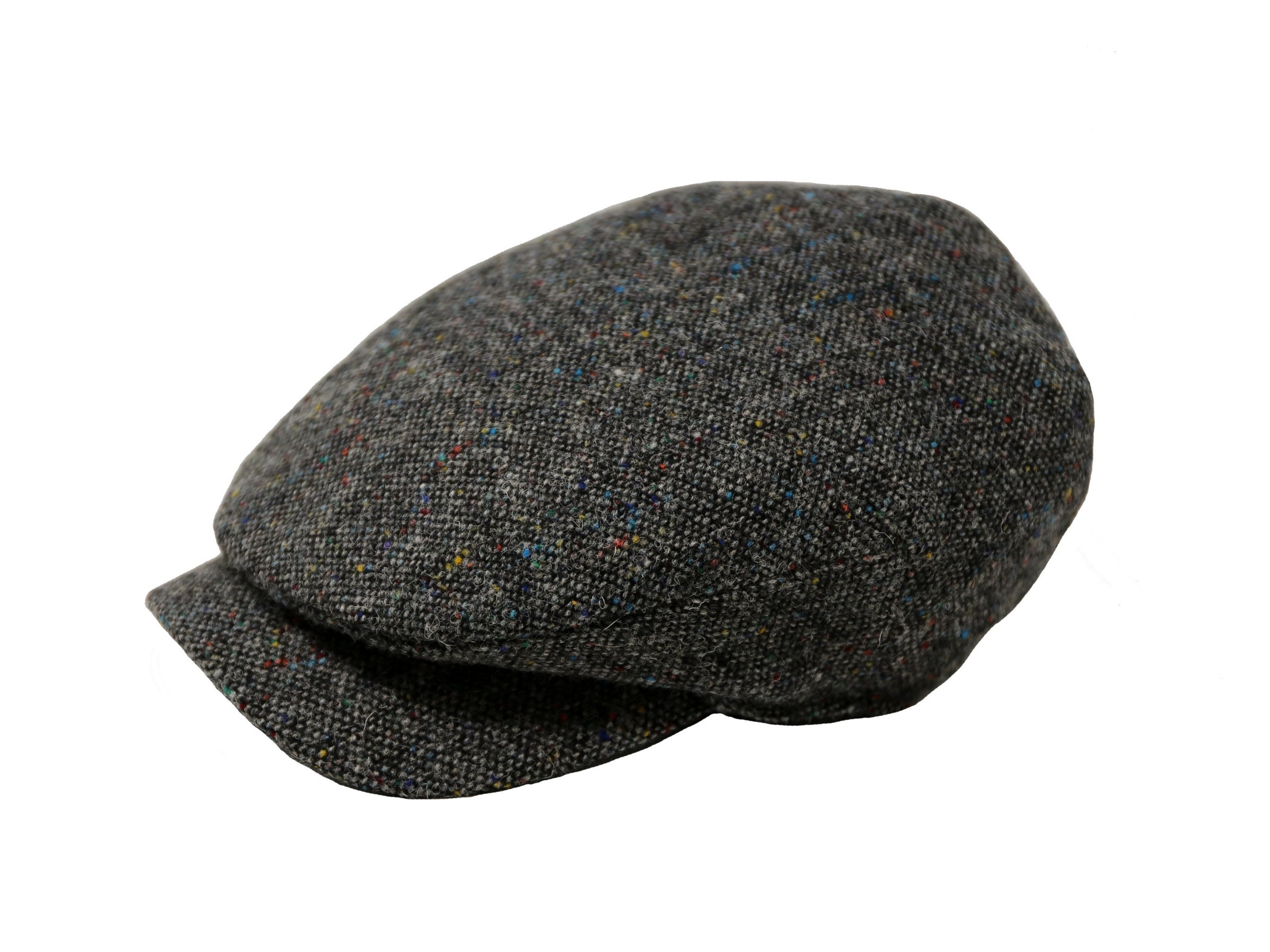 Daithi Cap Tweed Scottish Harris Tweed Charcoal Salt & Pepper with Colourful Flecks side view