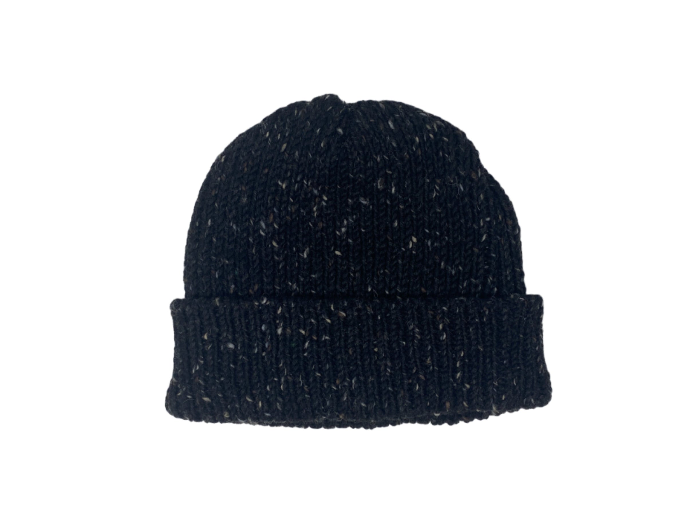 A black Donegal Beanie by Hanna Hats of Donegal Ltd, hand-loomed from pure wool with a folded brim and subtle white speckles, is shown on a white background.