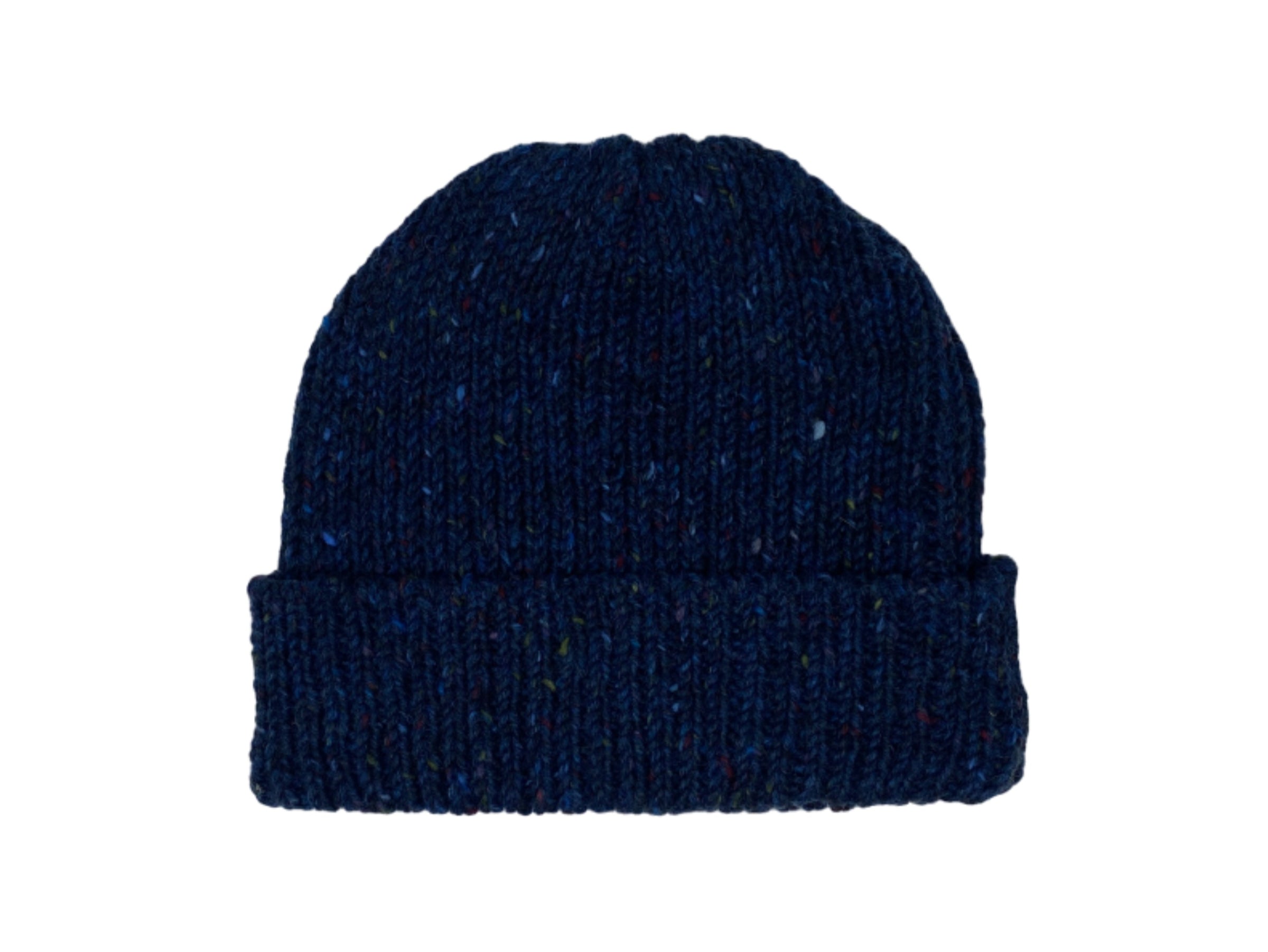 The Donegal Beanies by Hanna Hats of Donegal Ltd is a dark blue pure wool beanie with a folded brim, shown on a plain white background.