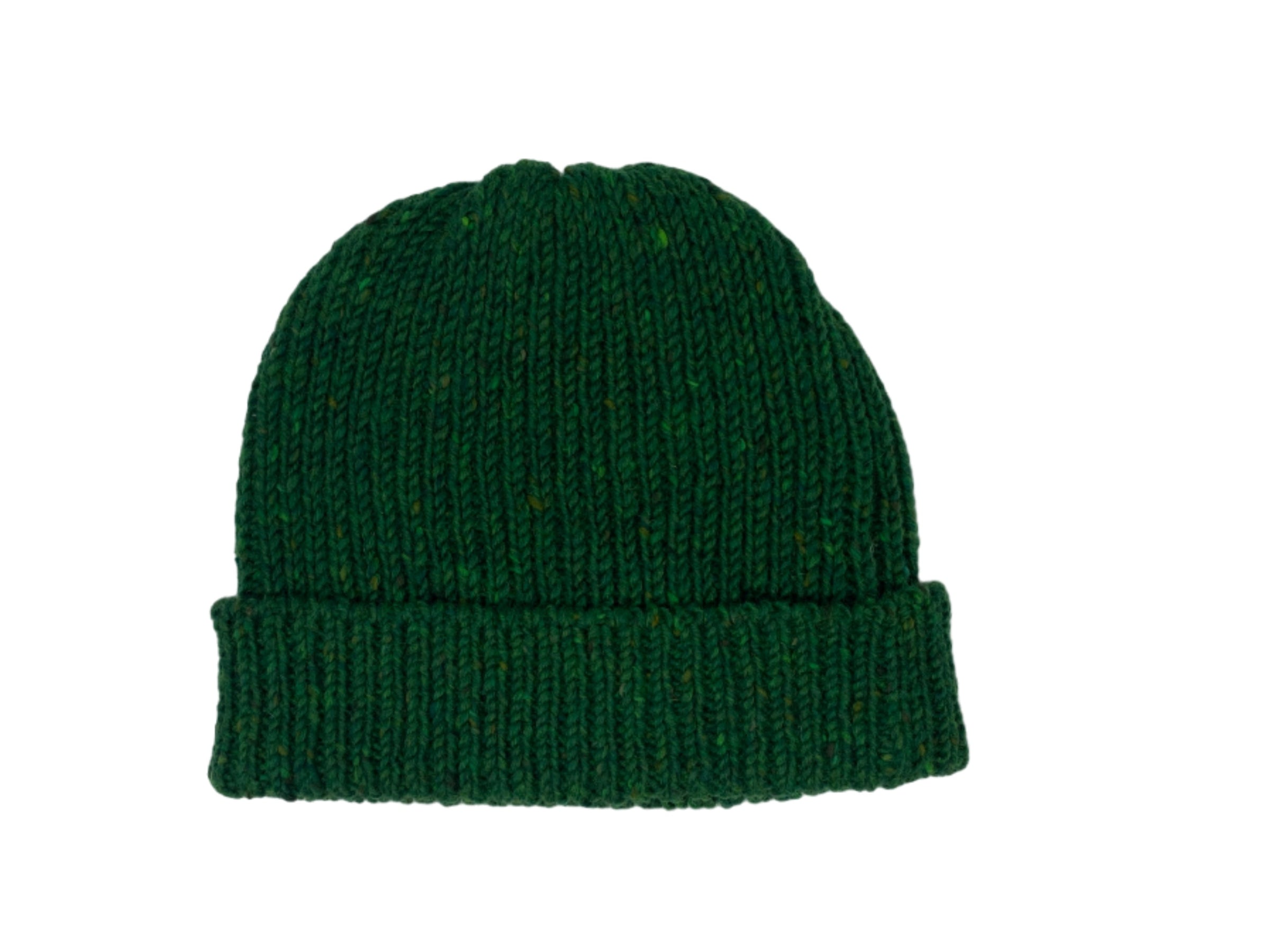 The Donegal Beanies by Hanna Hats of Donegal Ltd is a dark green knitted hat, hand-loomed from pure wool with a folded brim, shown against a plain white background.