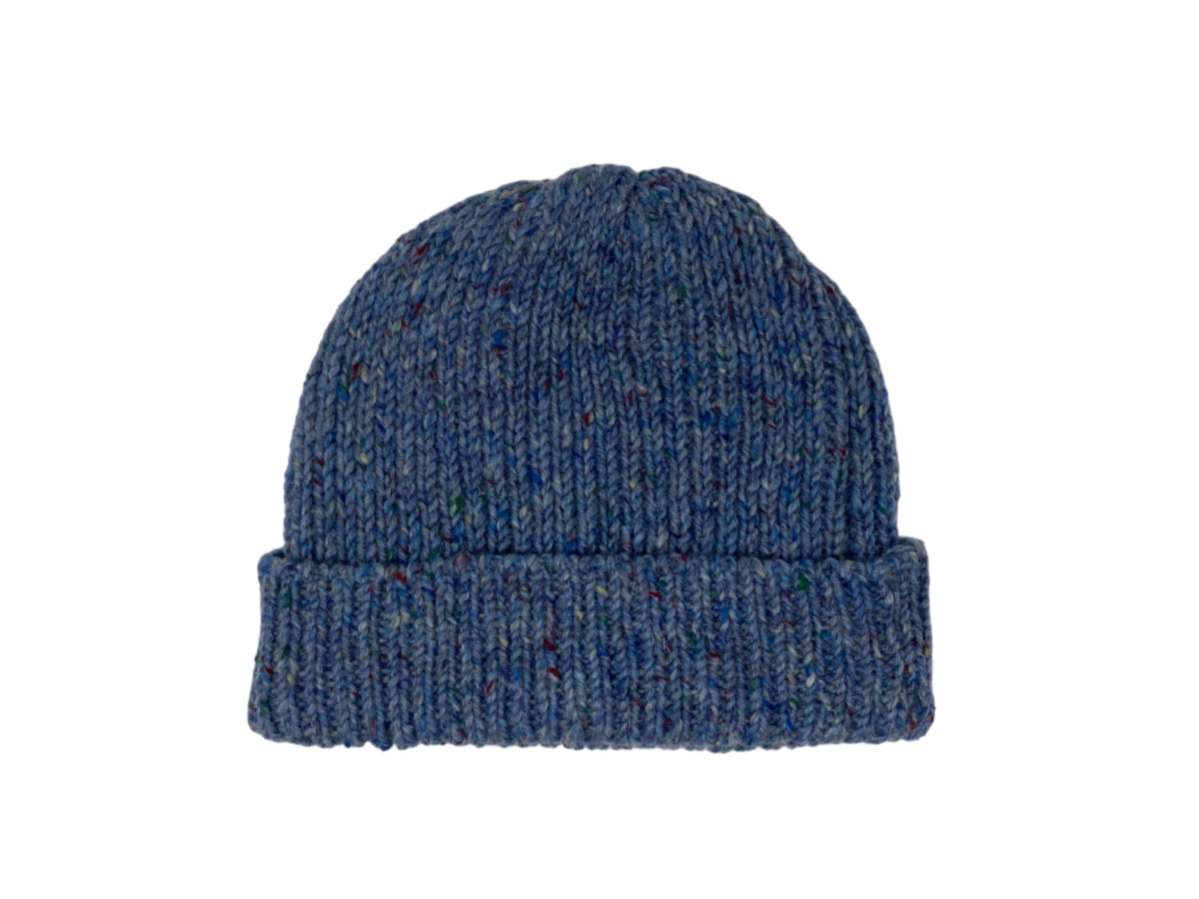 The Donegal Beanies by Hanna Hats of Donegal Ltd is a blue hand-loomed pure wool hat with a folded brim, shown against a white background.