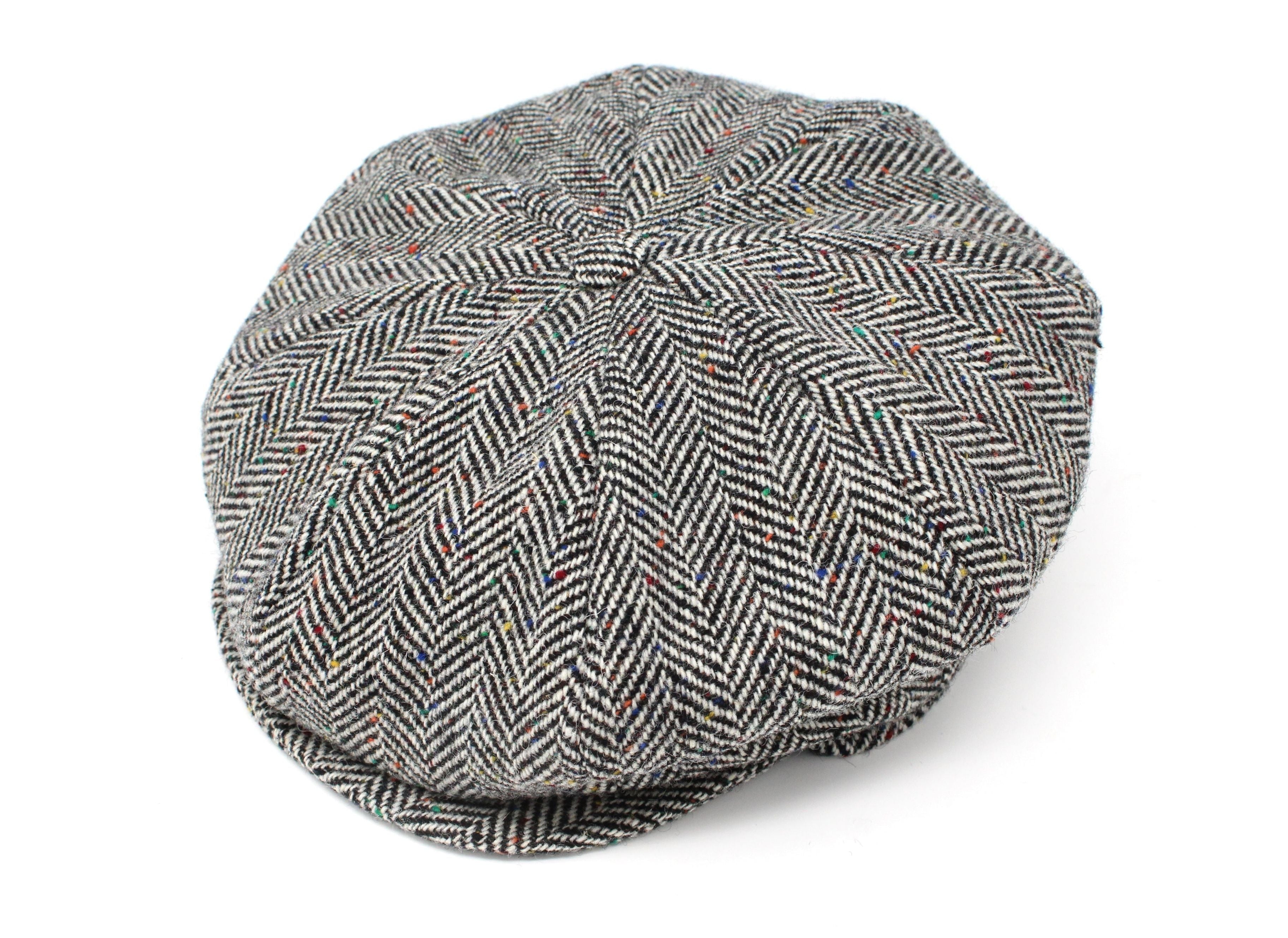 Hanna Hats Eight Piece Cap Tweed Irish Tweed Multi Black Fleck Wide Herringbone