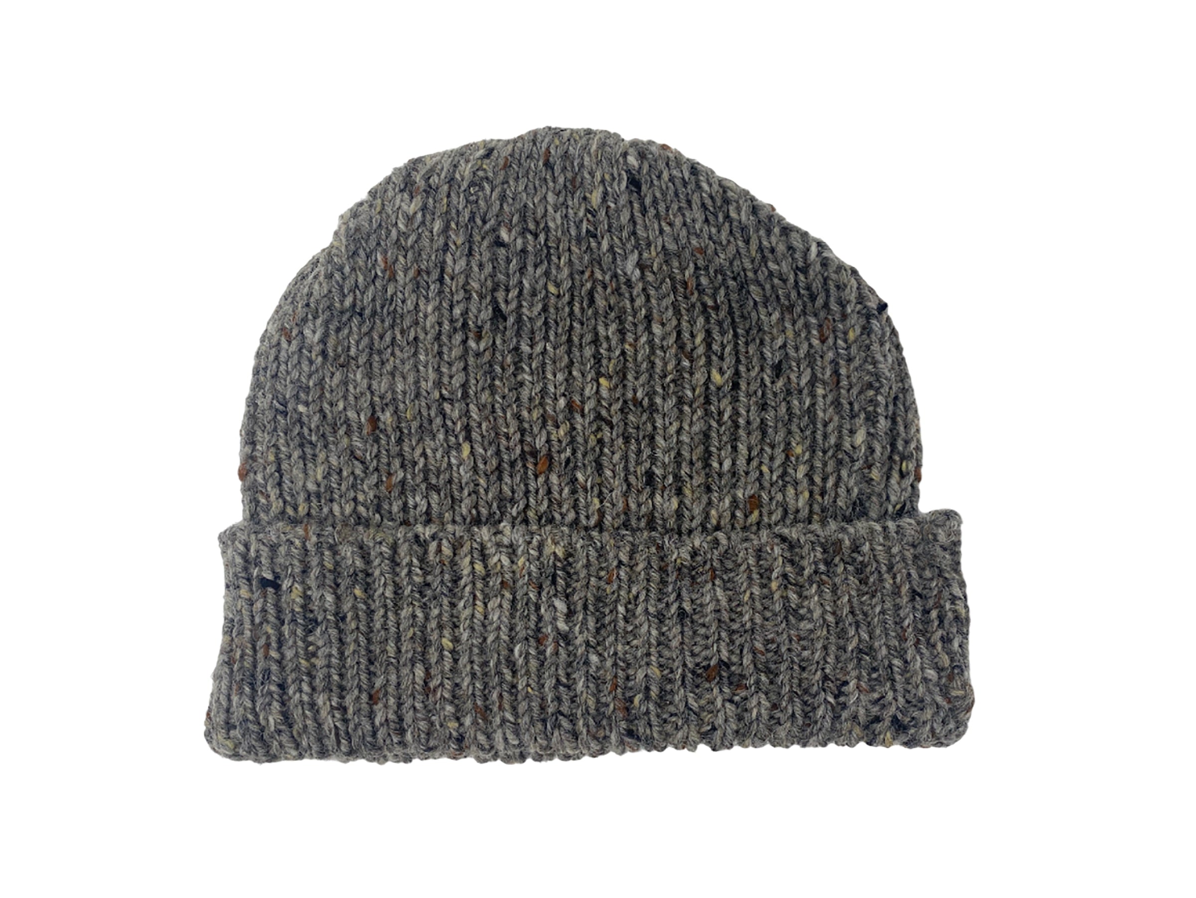 The Donegal Beanies by Hanna Hats of Donegal Ltd are gray, hand-loomed from pure wool with a folded cuff and speckled pattern in darker and lighter threads, shown against a white background.