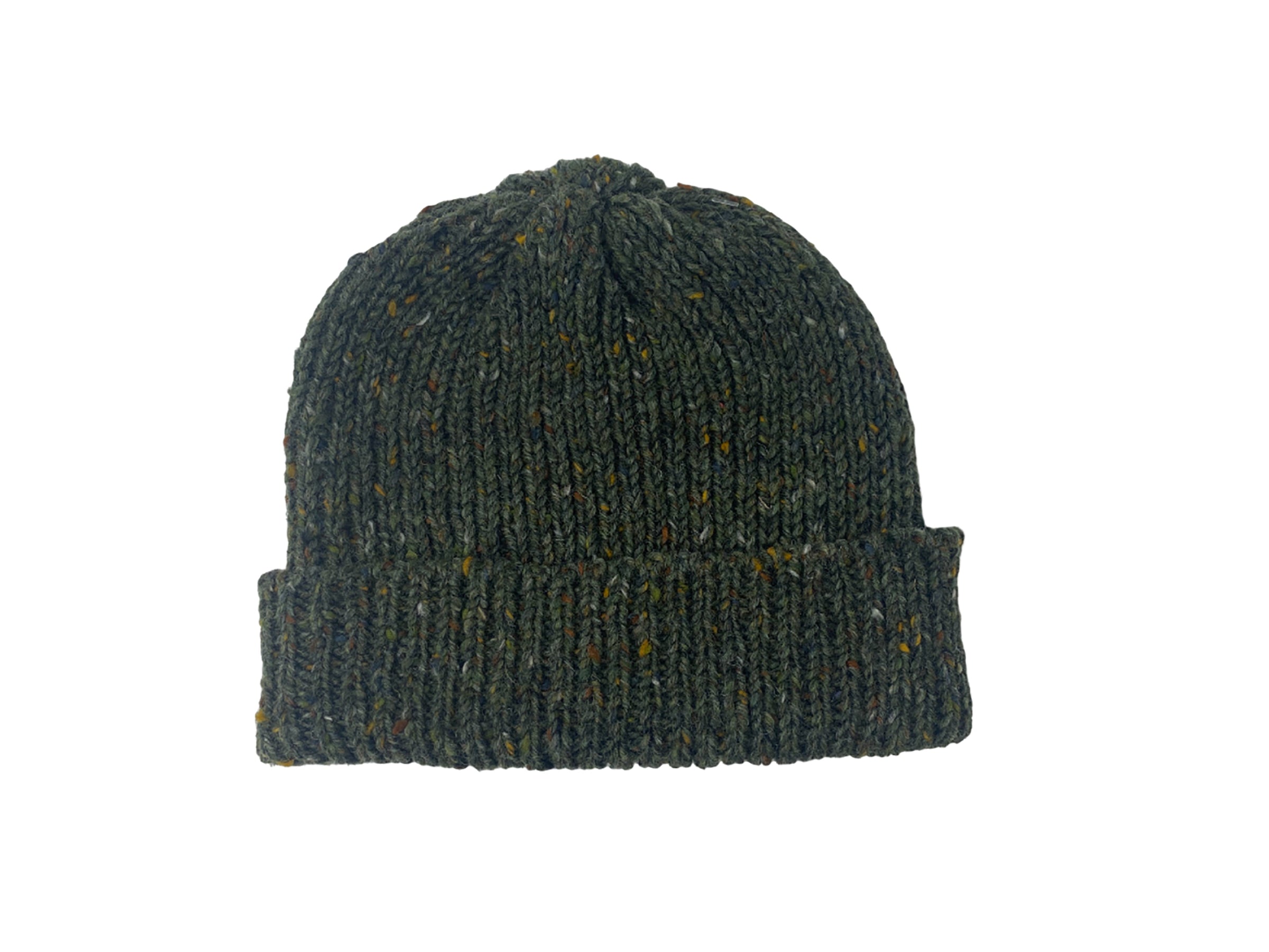 The Donegal Beanies by Hanna Hats of Donegal Ltd is a dark green hand-loomed knitted beanie with a folded brim and subtle speckled pattern, inspired by classic styles. It is shown on a plain white background.