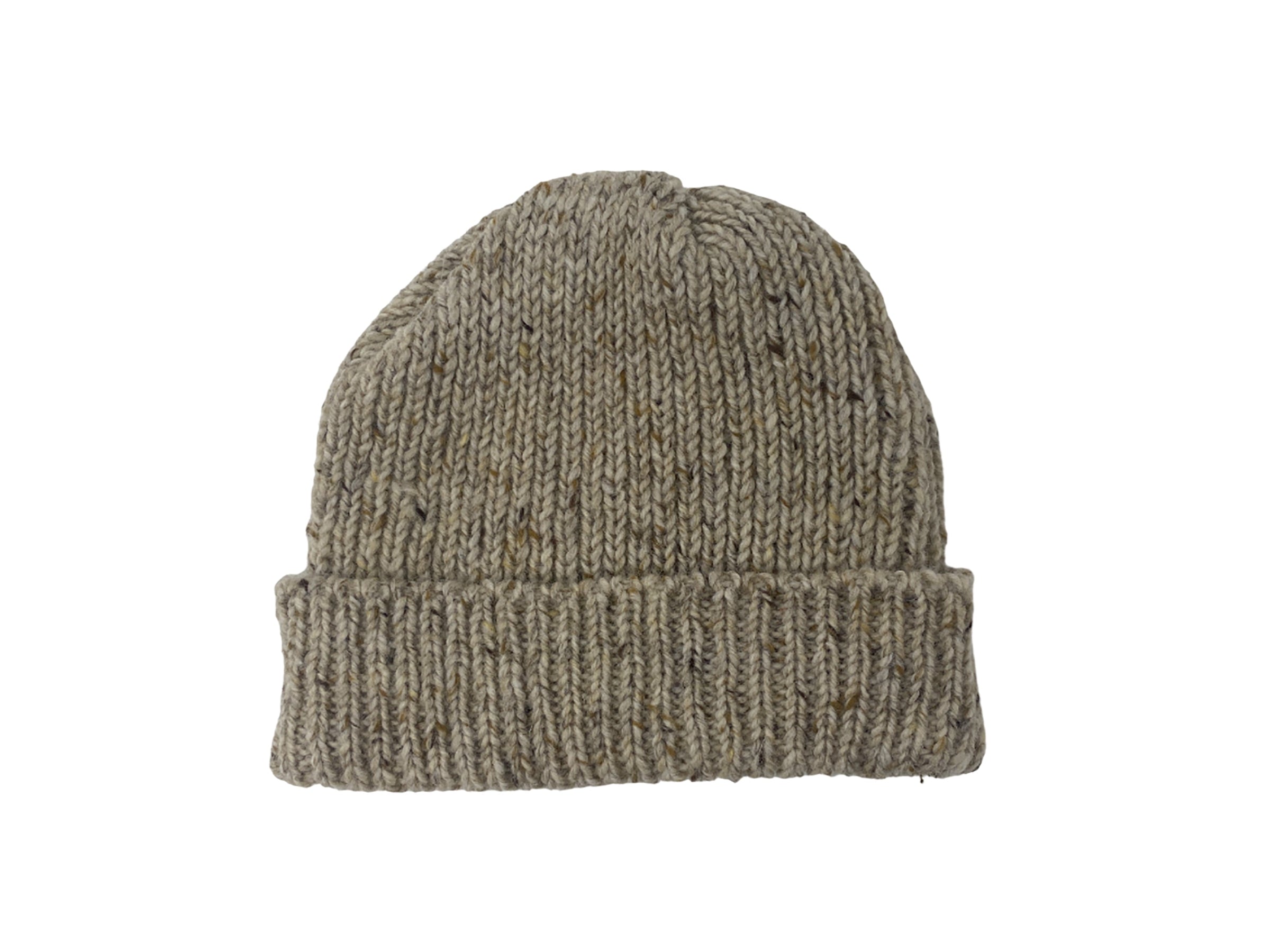 The Donegal Beanies by Hanna Hats of Donegal Ltd are beige, hand-loomed from pure wool, and feature a folded brim, shown against a white background.